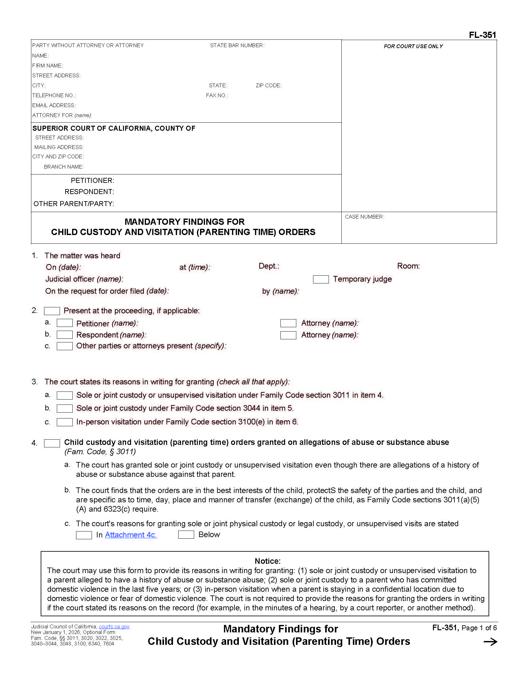 Mandatory Findings For Child Custody And Visitation (Parenting Time) Orders {FL-351} | Pdf Fpdf Docx | California