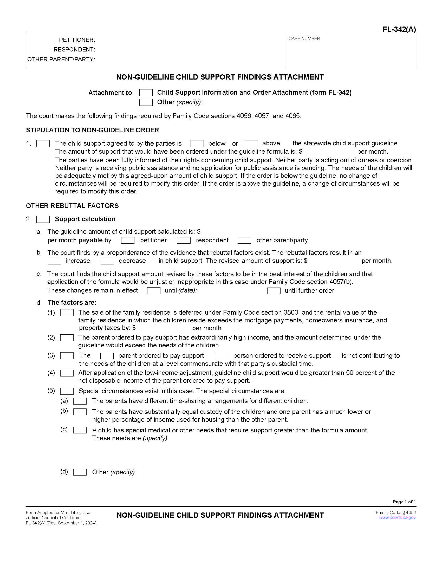 Non-Guideline Child Support Findings Attachment {FL-342(A)} | Pdf Fpdf Doc Docx | California