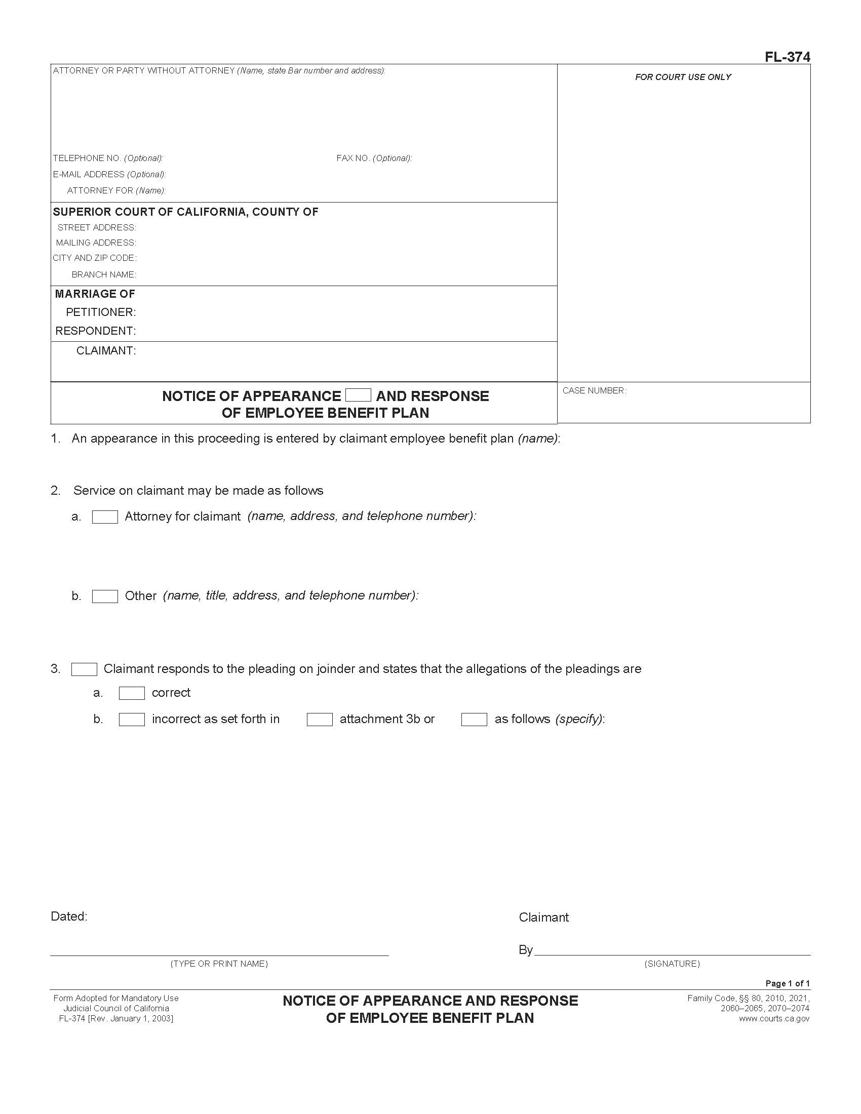 Notice Of Appearance And Response Of Employee Benefit Plan {FL-374} | Pdf Fpdf Doc Docx | California