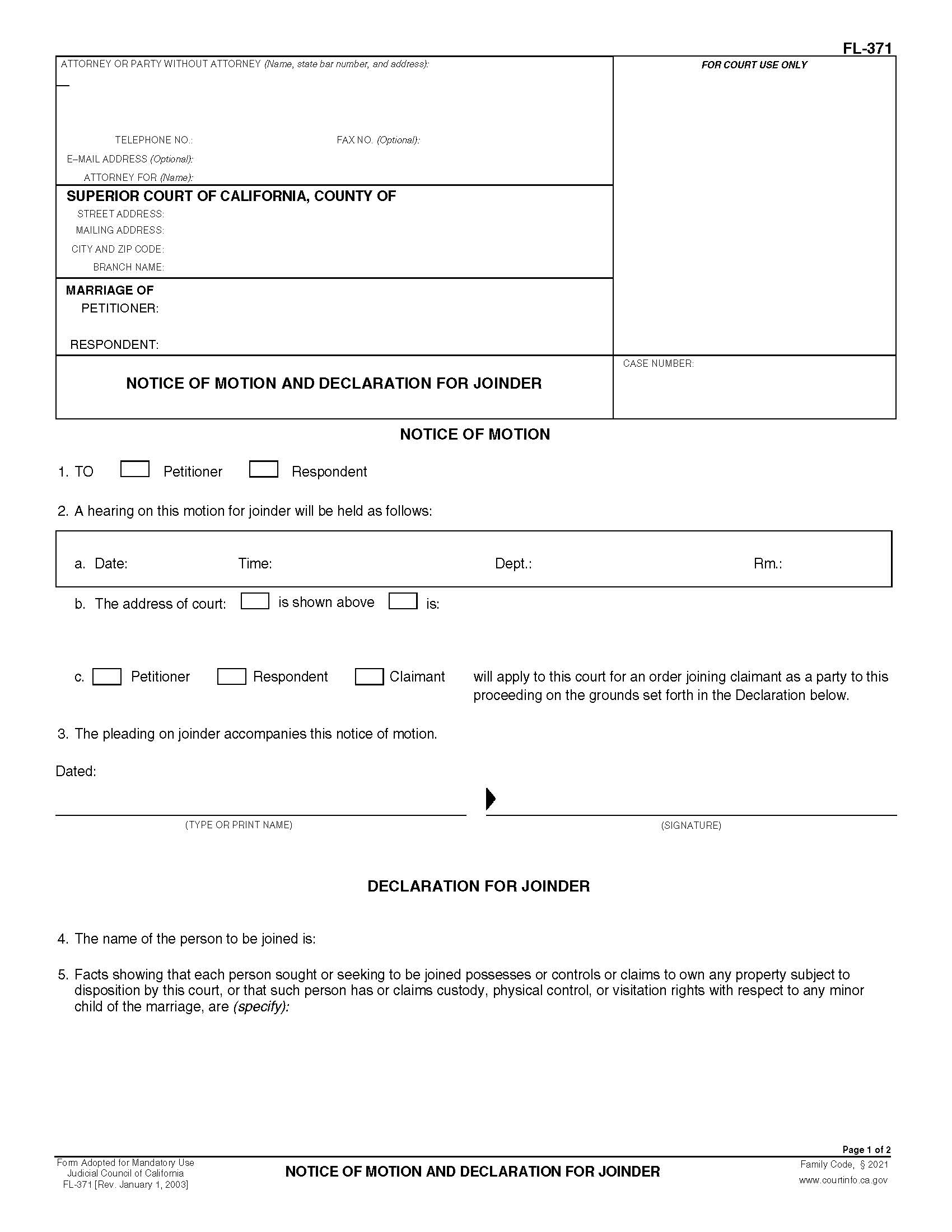 Notice Of Motion And Declaration For Joinder {FL-371} | Pdf Fpdf Doc Docx | California