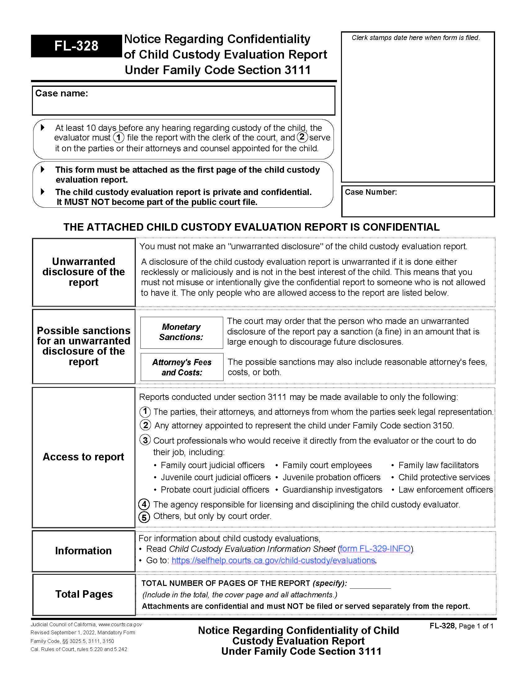 Notice Regarding Confidentiality Of Child Custody Evaluation Report {FL-328} | Pdf Fpdf Doc Docx | California