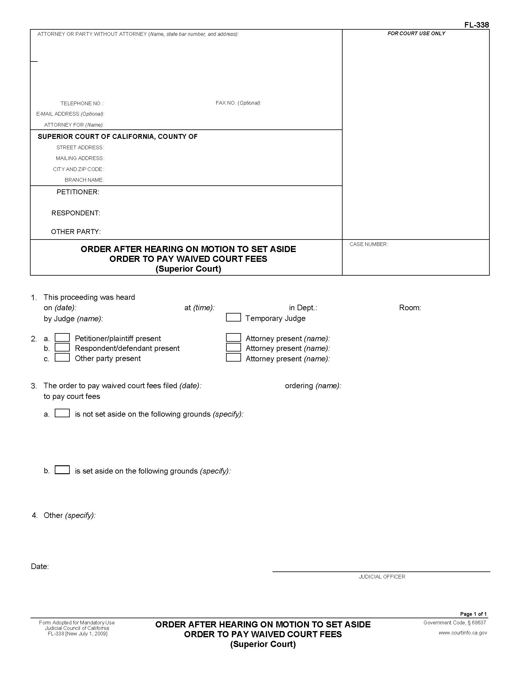 Order After Hearing On Motion To Set Aside Order To Pay {FL-338} | Pdf Fpdf Doc Docx | California