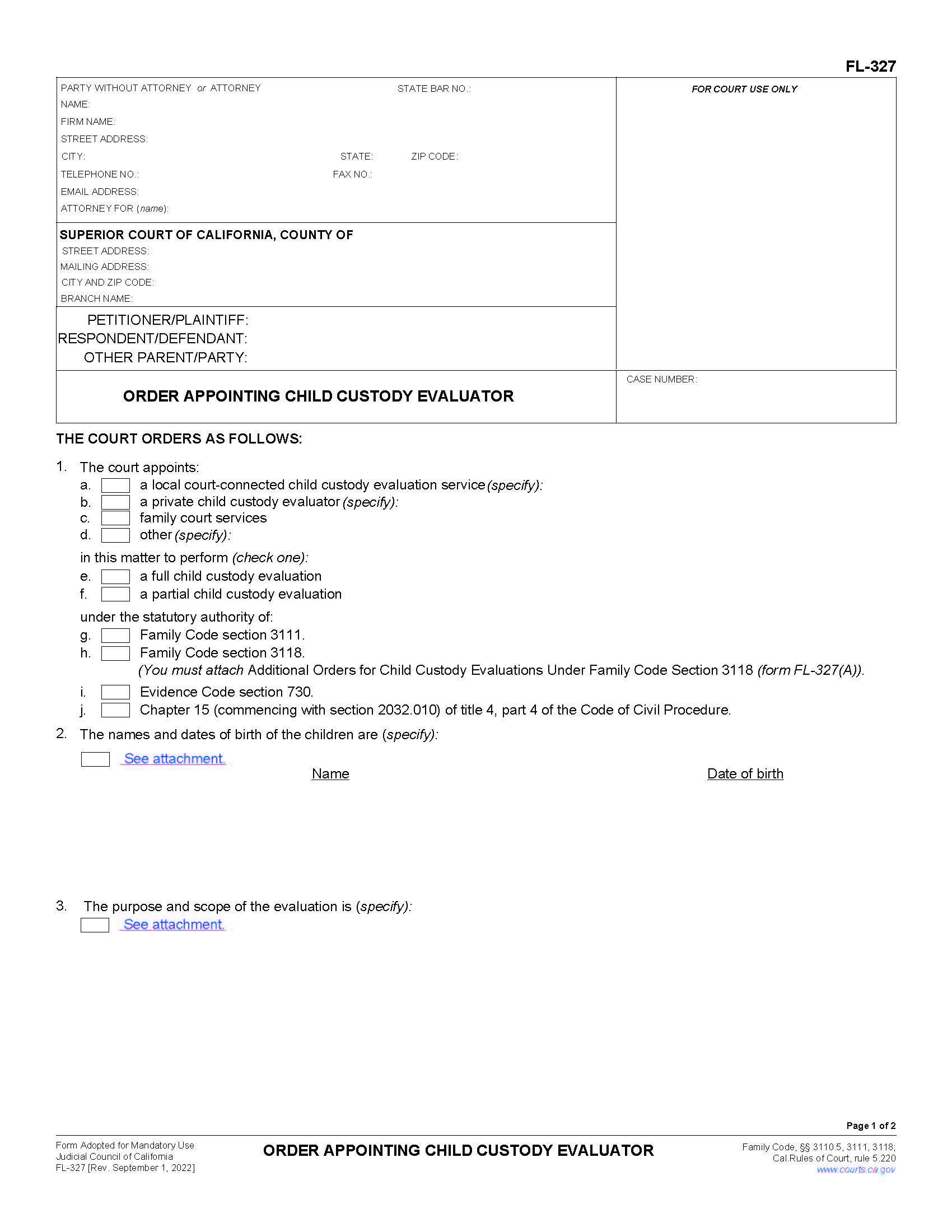 Order Appointing Child Custody Evaluator {FL-327} | Pdf Fpdf Doc Docx | California