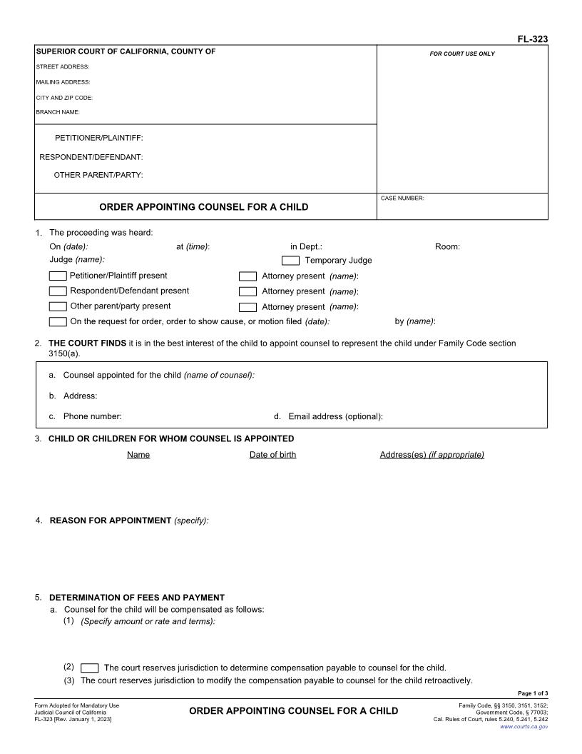 Order Appointing Counsel For A Child {FL-323} | Pdf Fpdf Doc Docx | California