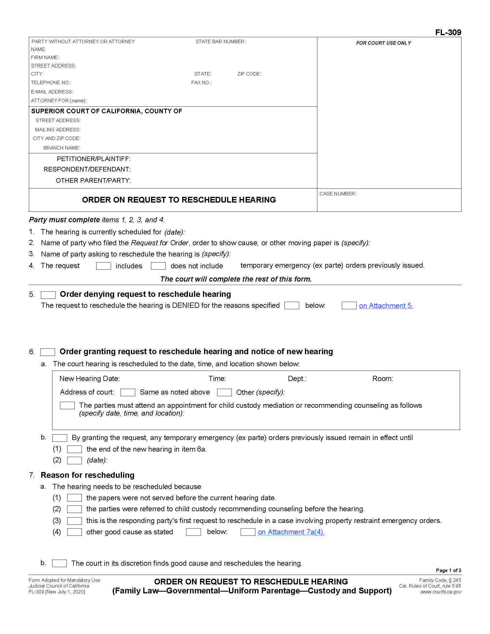 Order On Request To Reschedule Hearing (Family Law-Governmental) {FL-309} | Pdf Fpdf Docx | California