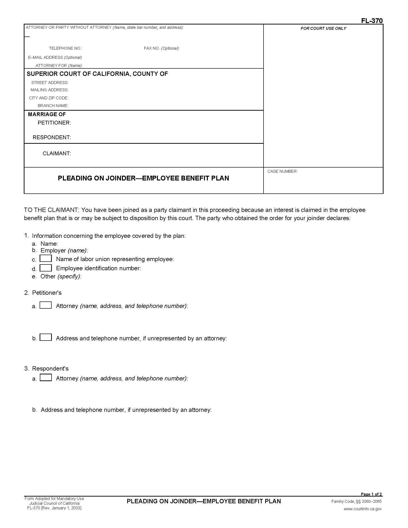 Pleading On Joinder-Employee Benefit Plan {FL-370} | Pdf Fpdf Doc Docx | California
