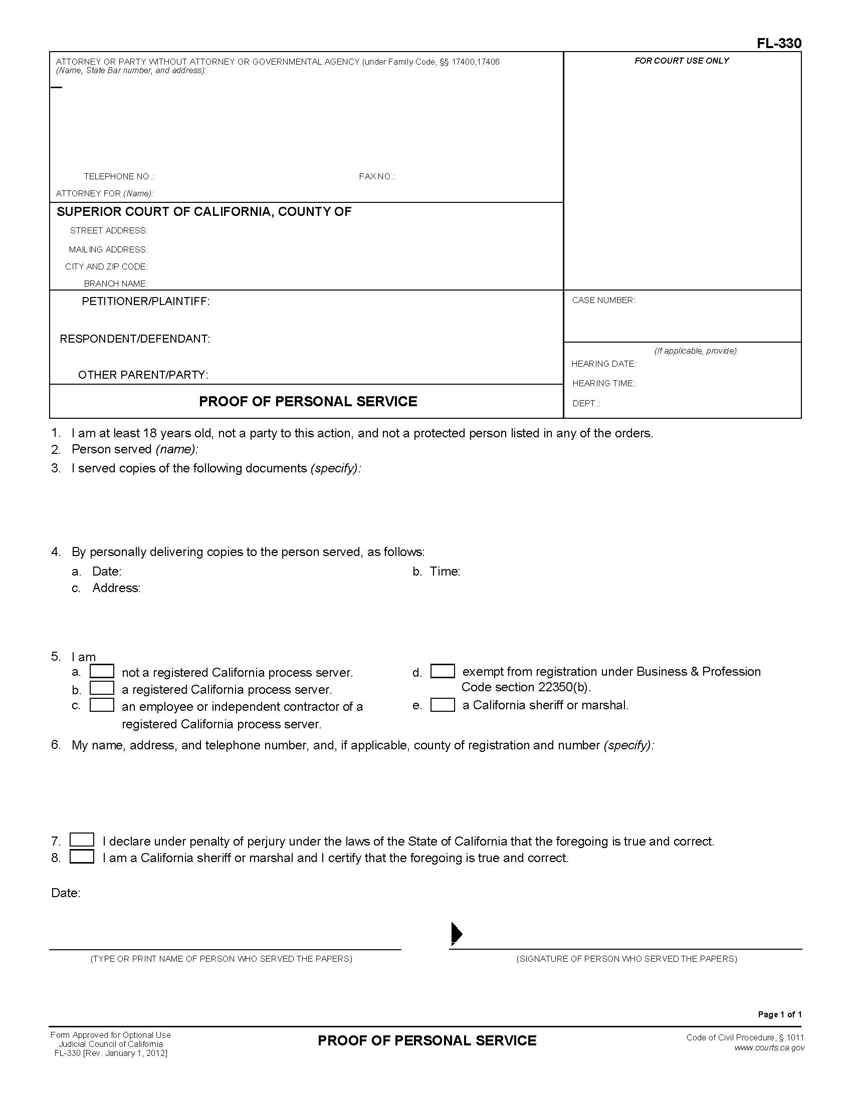 Proof Of Personal Service {FL-330} | Pdf Fpdf Doc Docx | California