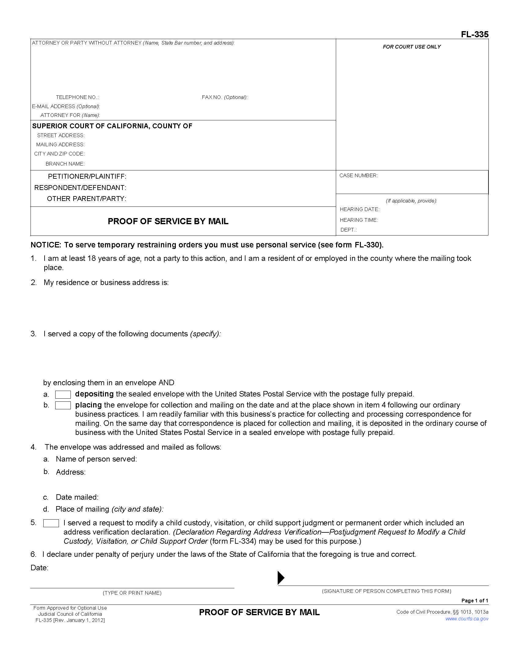 Proof Of Service By Mail {FL-335} | Pdf Fpdf Docx | California