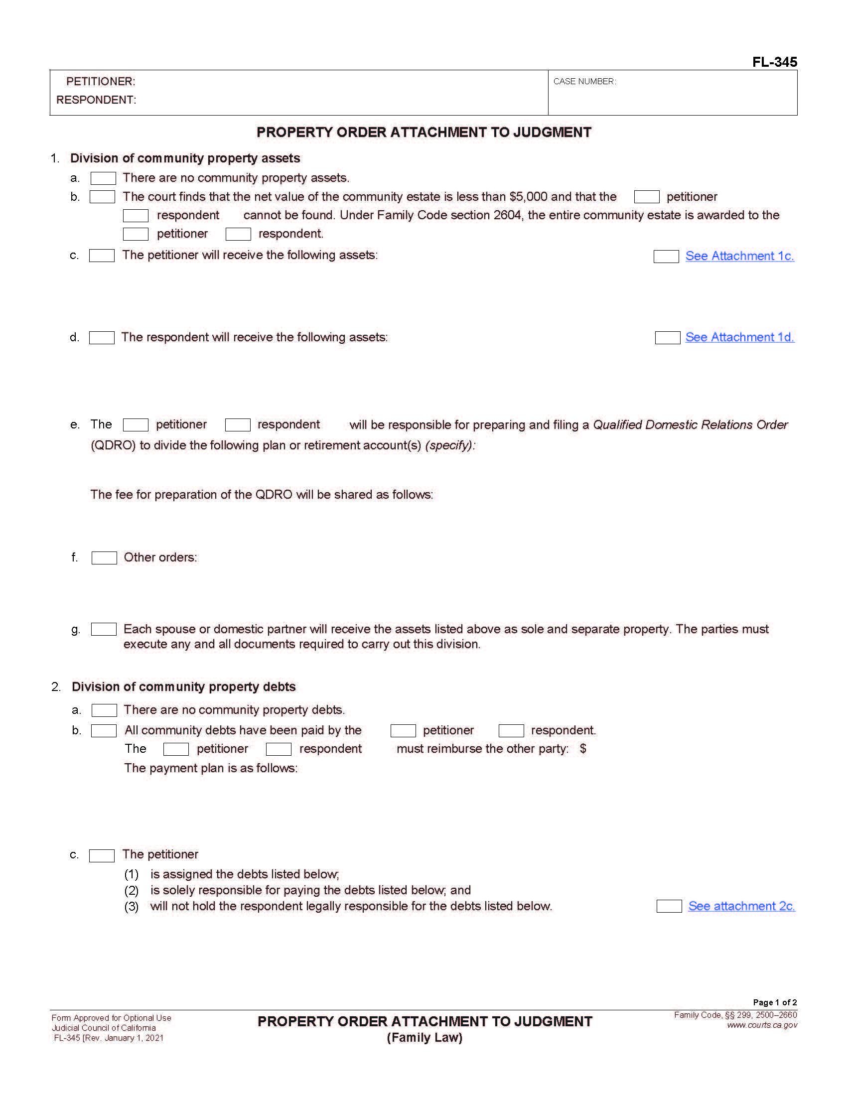 Property Order Attachment To Judgment (Family Law) {FL-345} | Pdf Fpdf Doc Docx | California