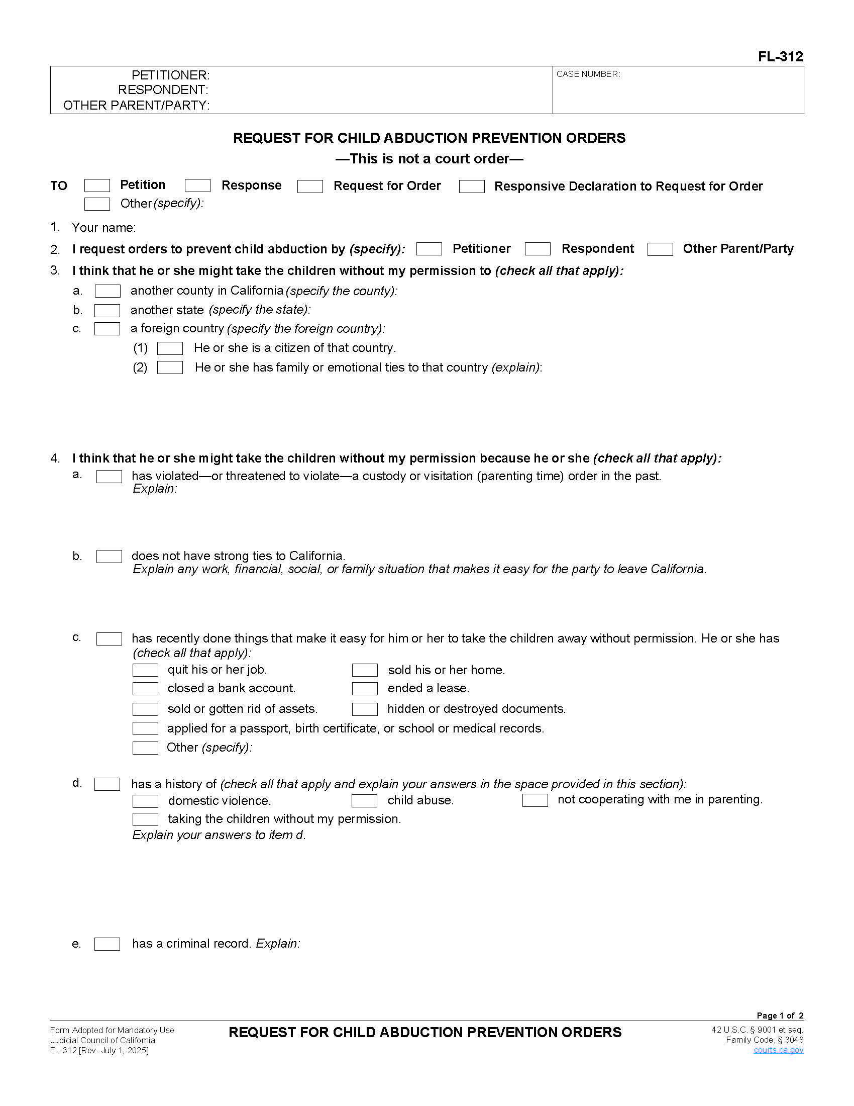 Request For Child Abduction Prevention Orders {FL-312} | Pdf Fpdf Doc Docx | California