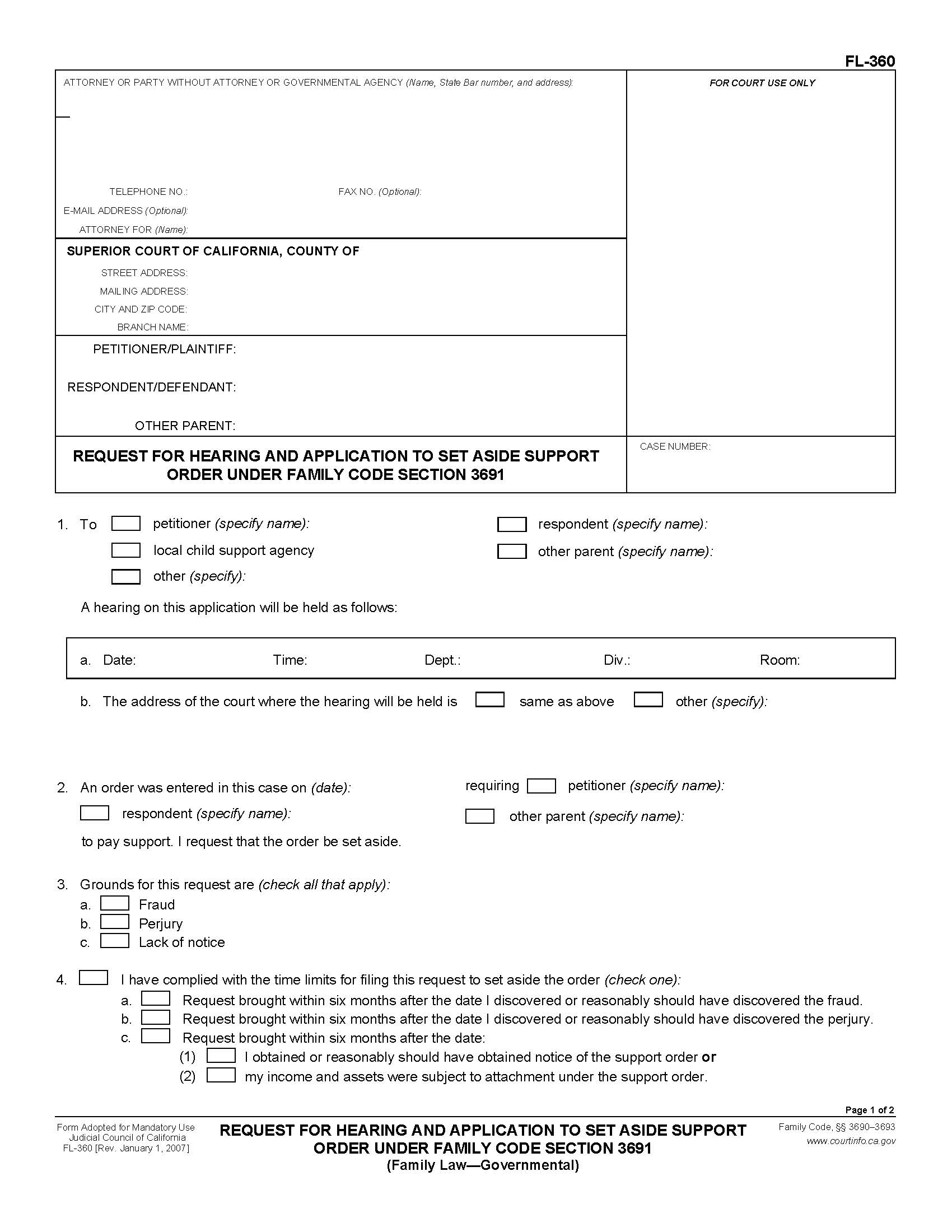 Request For Hearing And Application To Set Aside Support Order {FL-360} | Pdf Fpdf Doc Docx | California