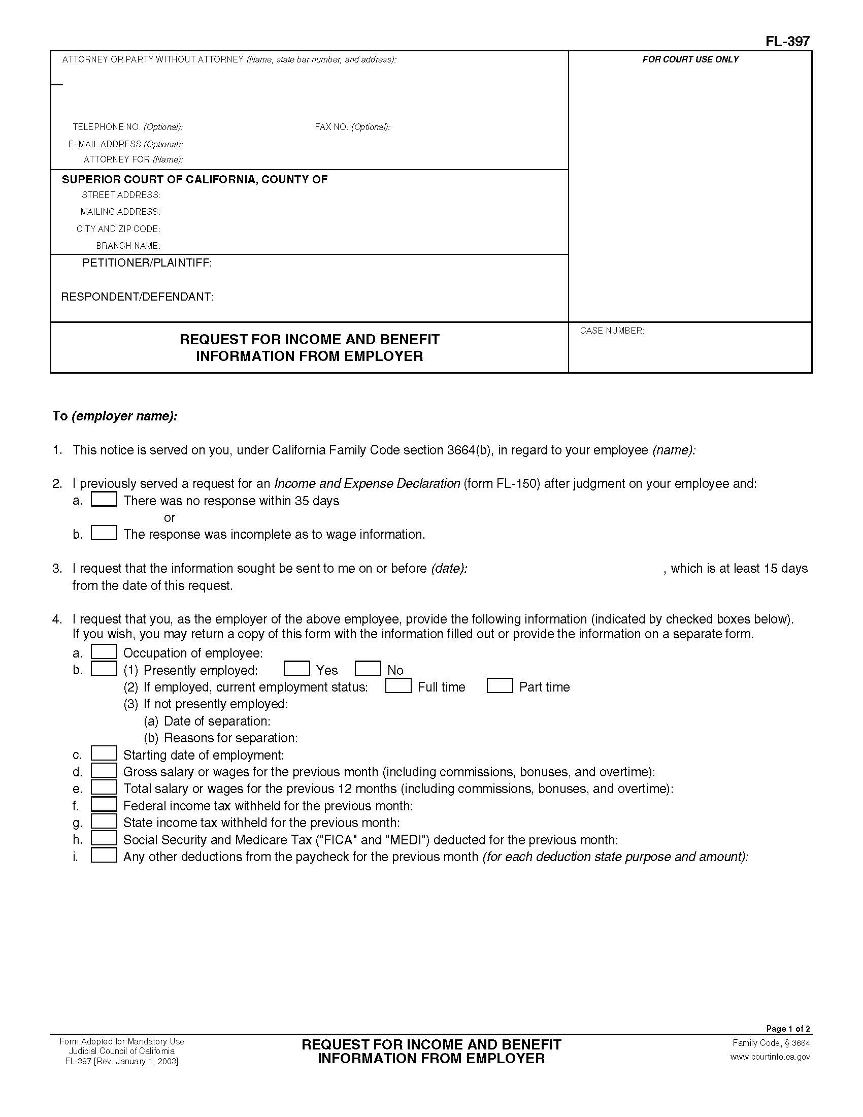 Request For Income And Benefit Information From Employer {FL-397} | Pdf Fpdf Doc Docx | California