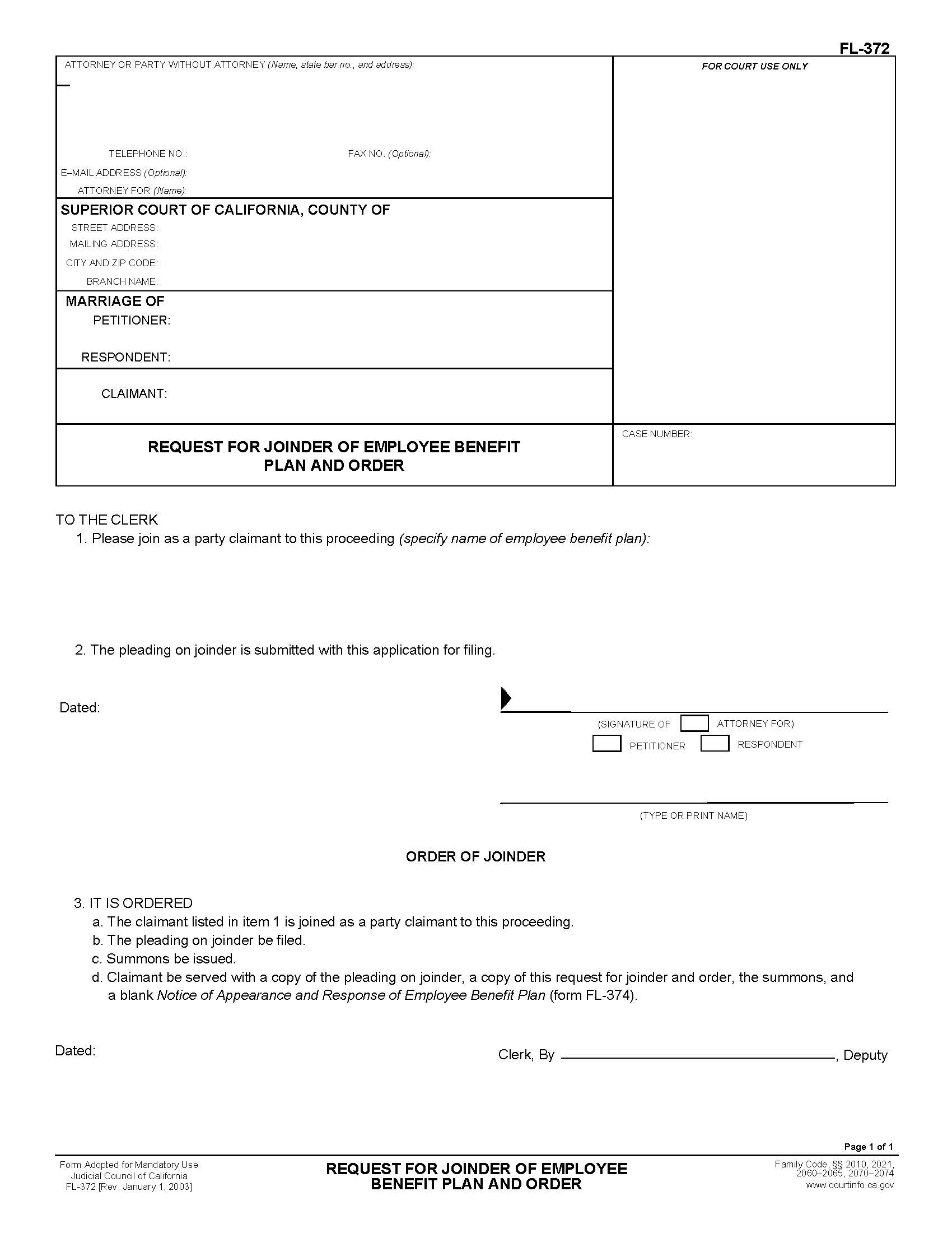 Request For Joinder Of Employee Benefit Plan And Order {FL-372} | Pdf Fpdf Doc Docx | California