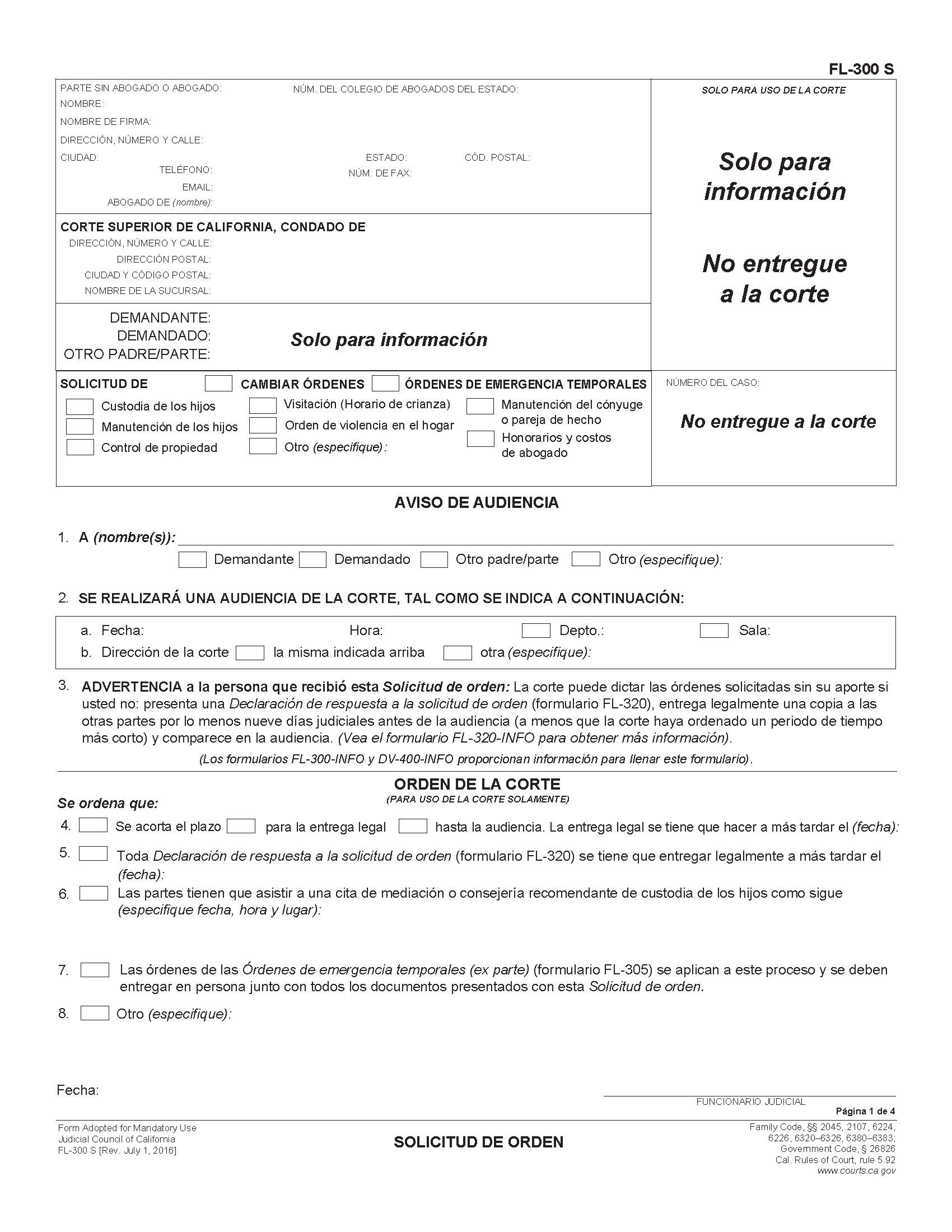 Request For Order (Spanish) {FL-300 S} | Pdf Fpdf Docx | California