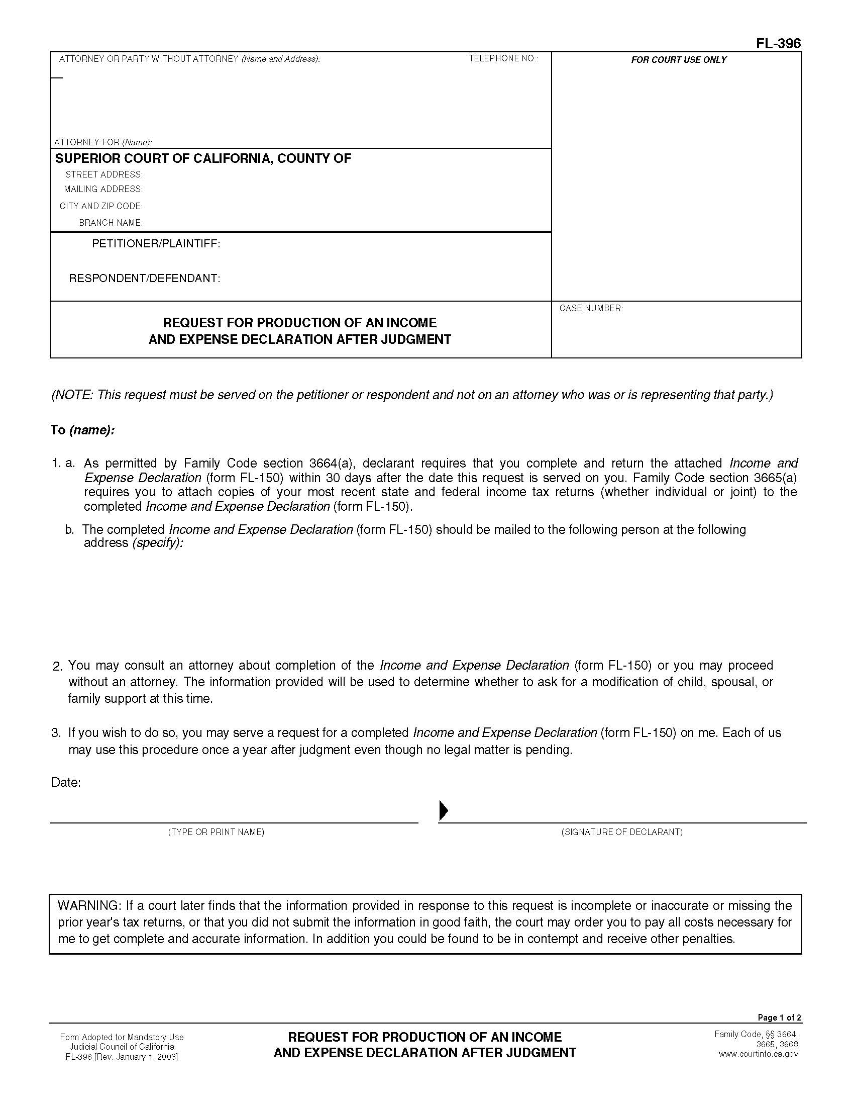 Request For Production Of An Income And Expense Declaration After Judgment {FL-396} | Pdf Fpdf Doc Docx | California