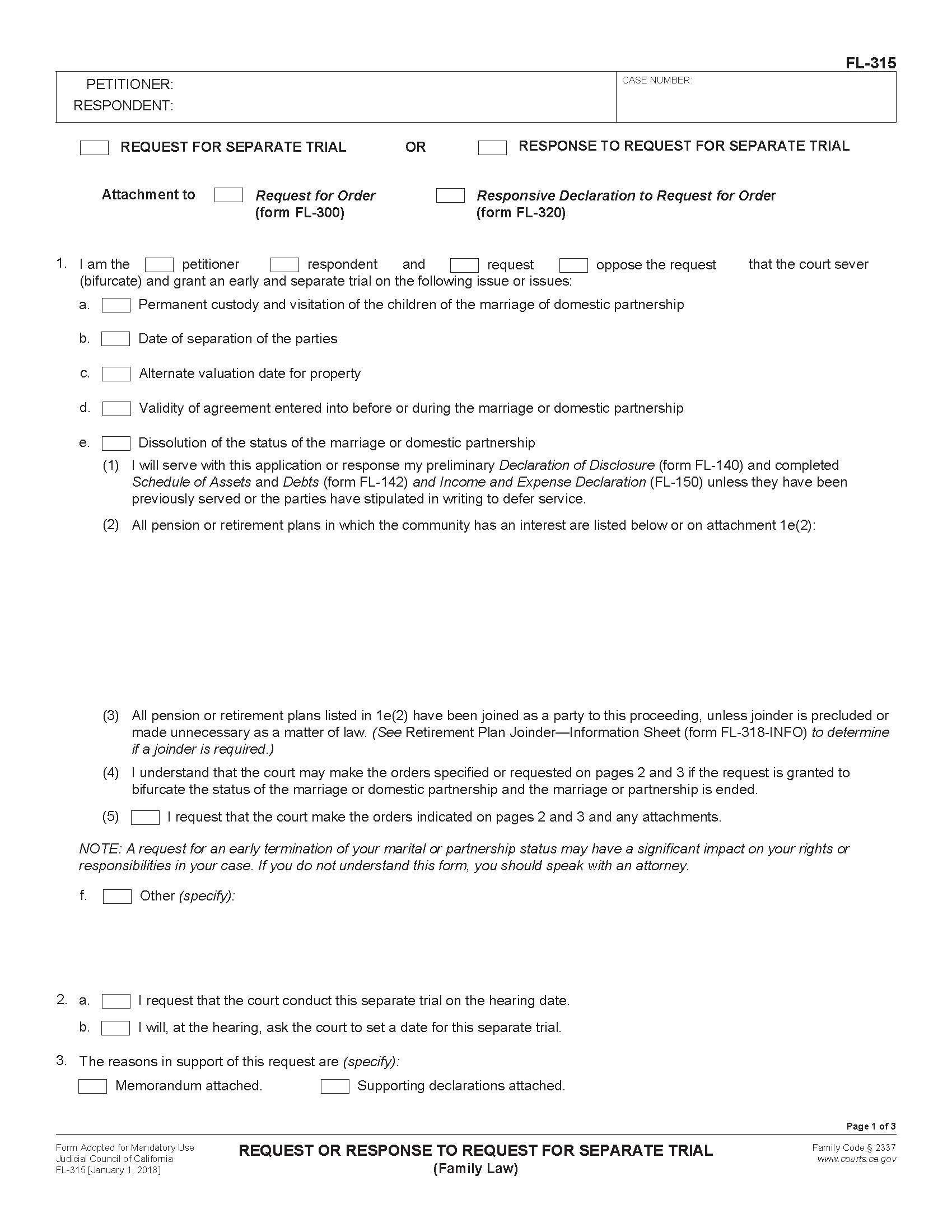 Request Or Response To Request For Separate Trial (Family Law) {FL-315} | Pdf Fpdf Docx | California