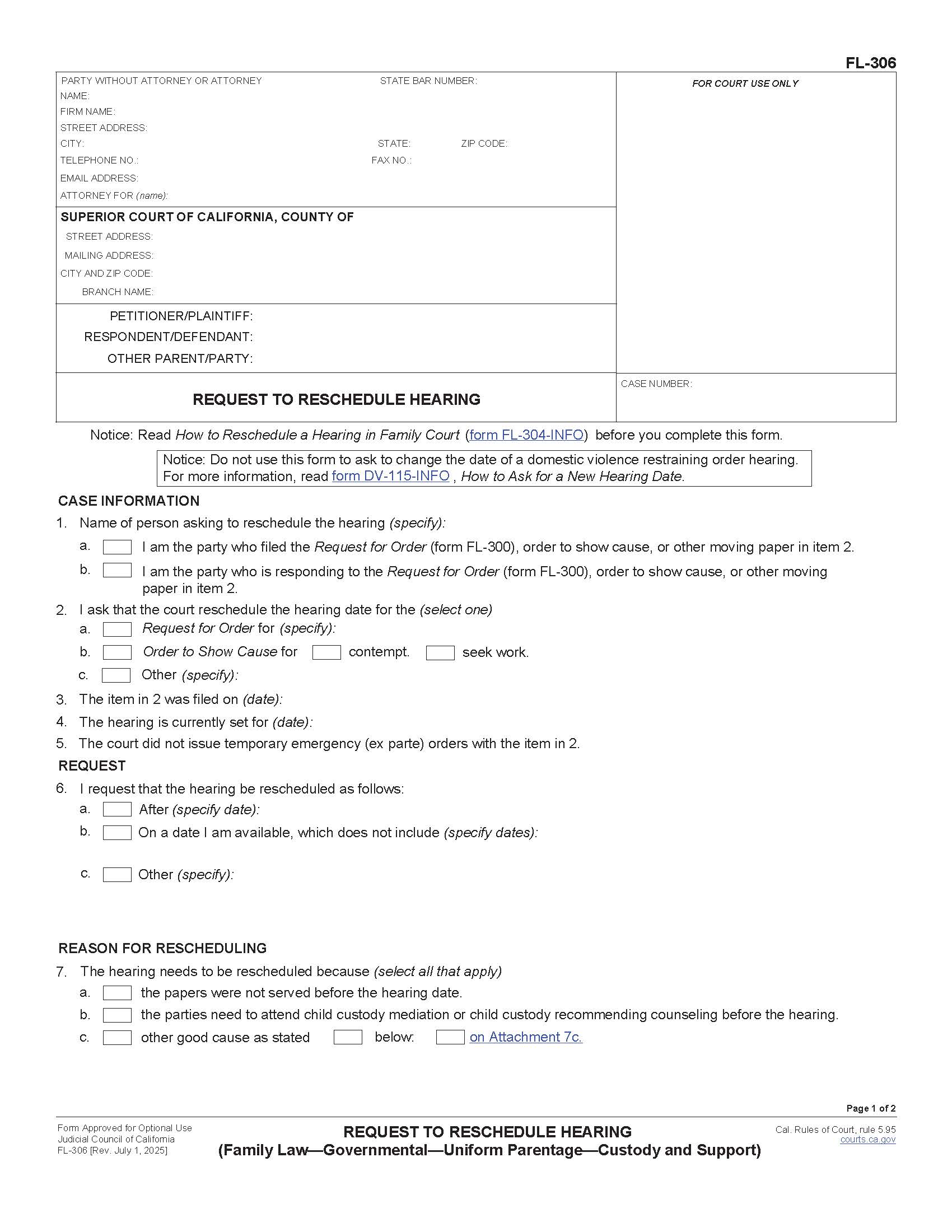 Request To Reschedule Hearing (Family Law-Governmental-Uniform Parentage) {FL-306} | Pdf Fpdf Docx | California