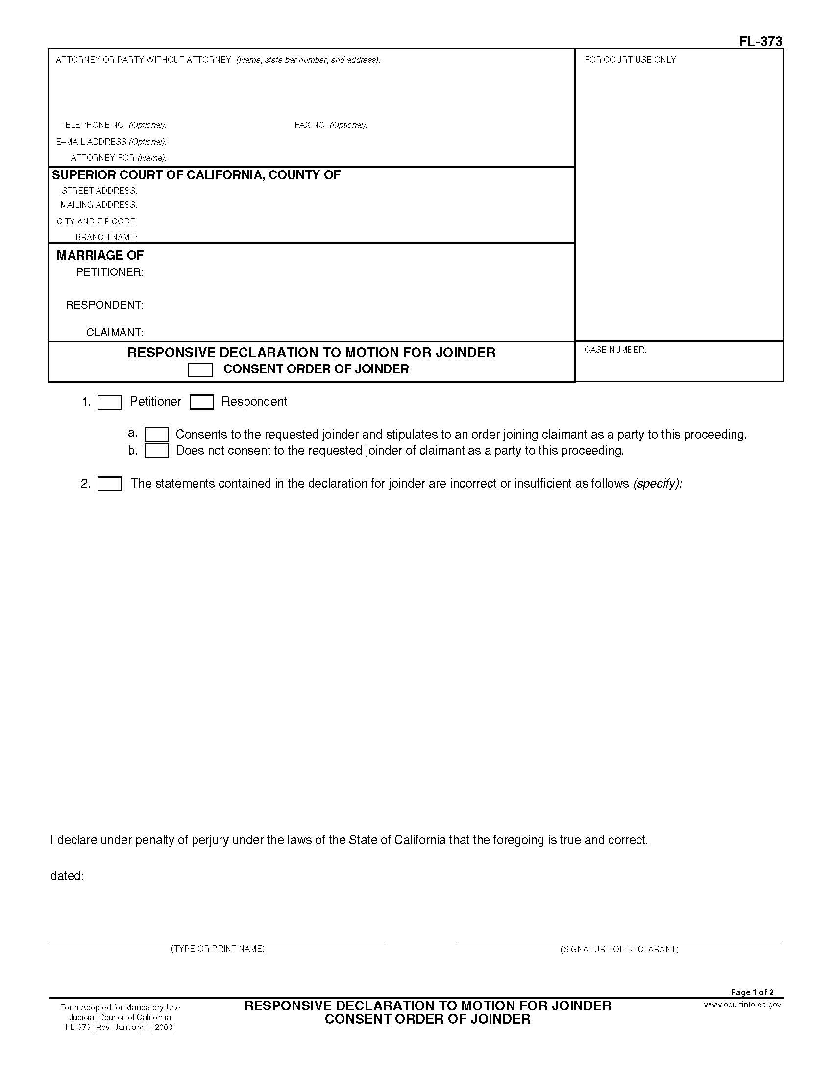 Responsive Declaration To Motion For Joinder Consent Order Of Joinder {FL-373} | Pdf Fpdf Docx | California