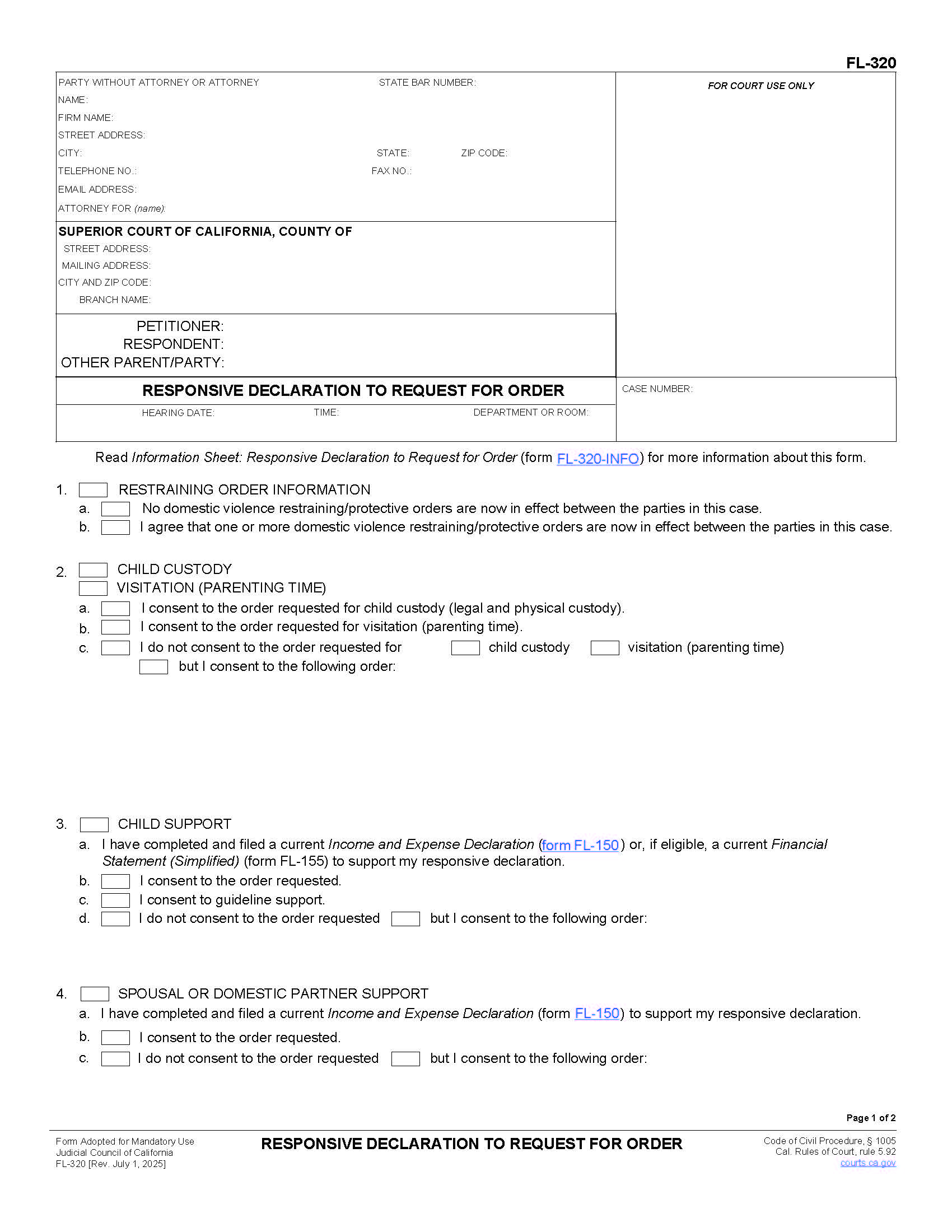 Responsive Declaration To Request For Order {FL-320} | Pdf Fpdf Doc Docx | California