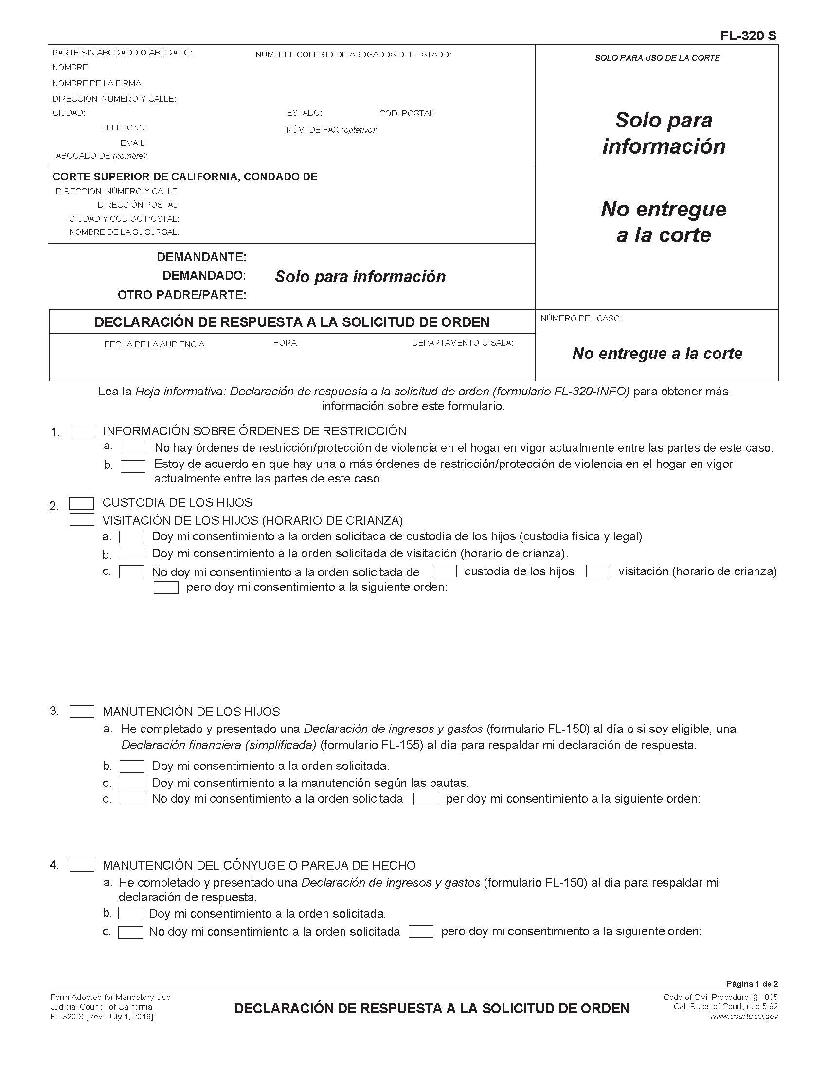 Responsive Declaration To Request For Order (Spanish) {FL-320 S} | Pdf Fpdf Docx | California