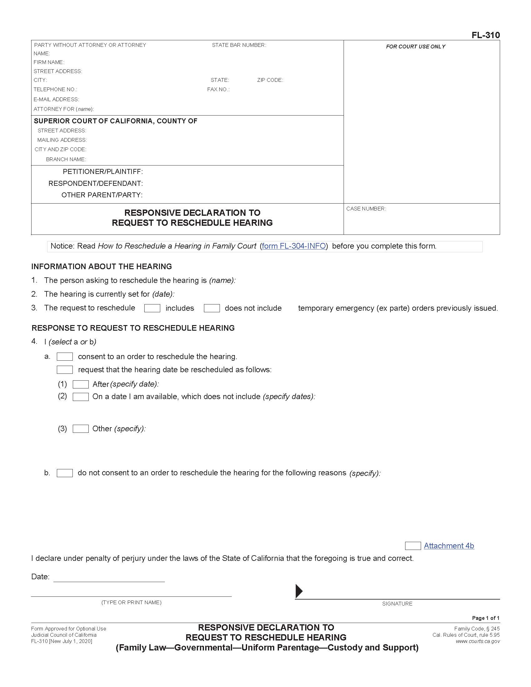 Responsive Declaration To Request To Reschedule Hearing (Family Law-Governmental) {FL-310} | Pdf Fpdf Docx | California
