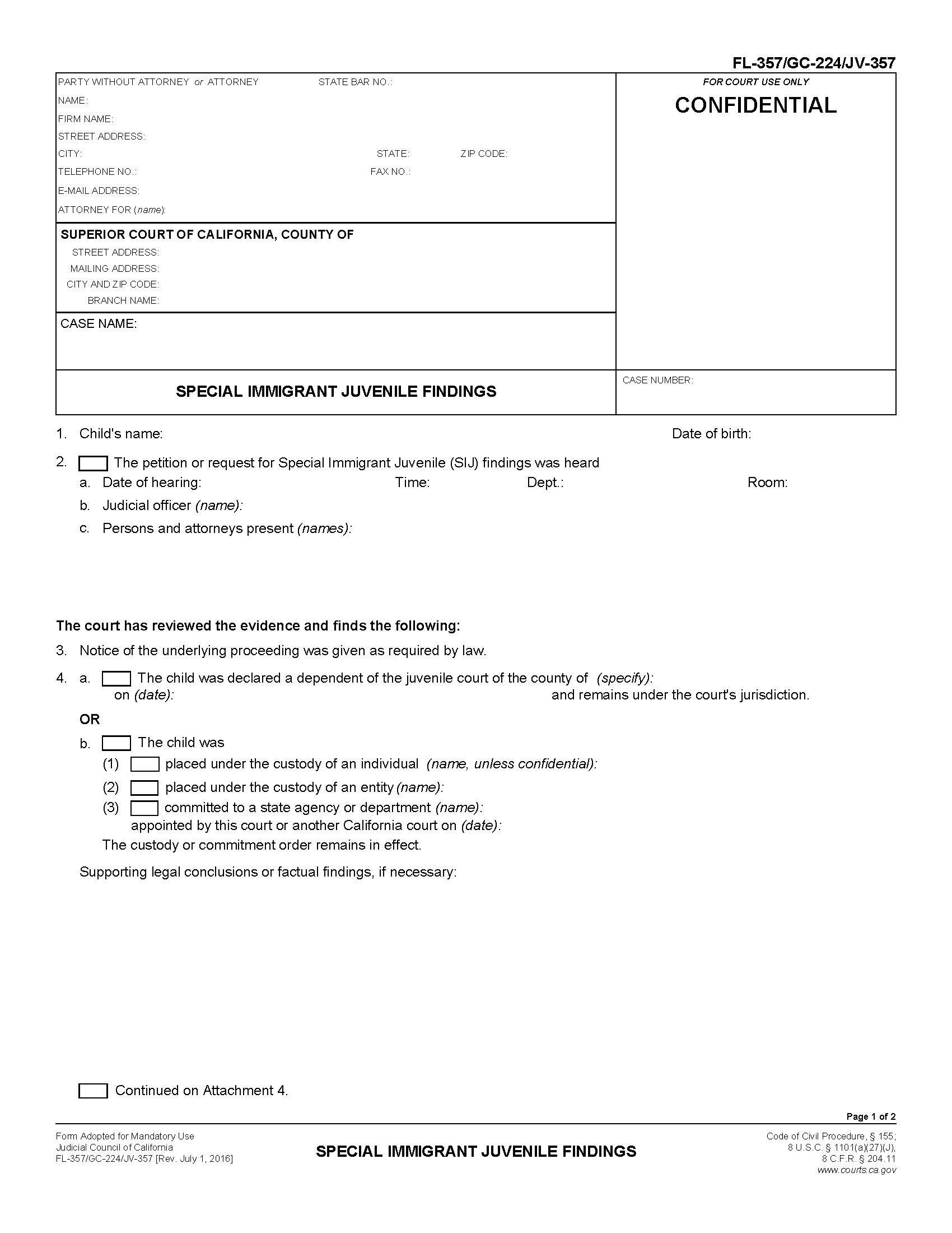 Special Immigrant Juvenile Findings {FL-357 GC-224 JV-357} | Pdf Fpdf Doc Docx | California