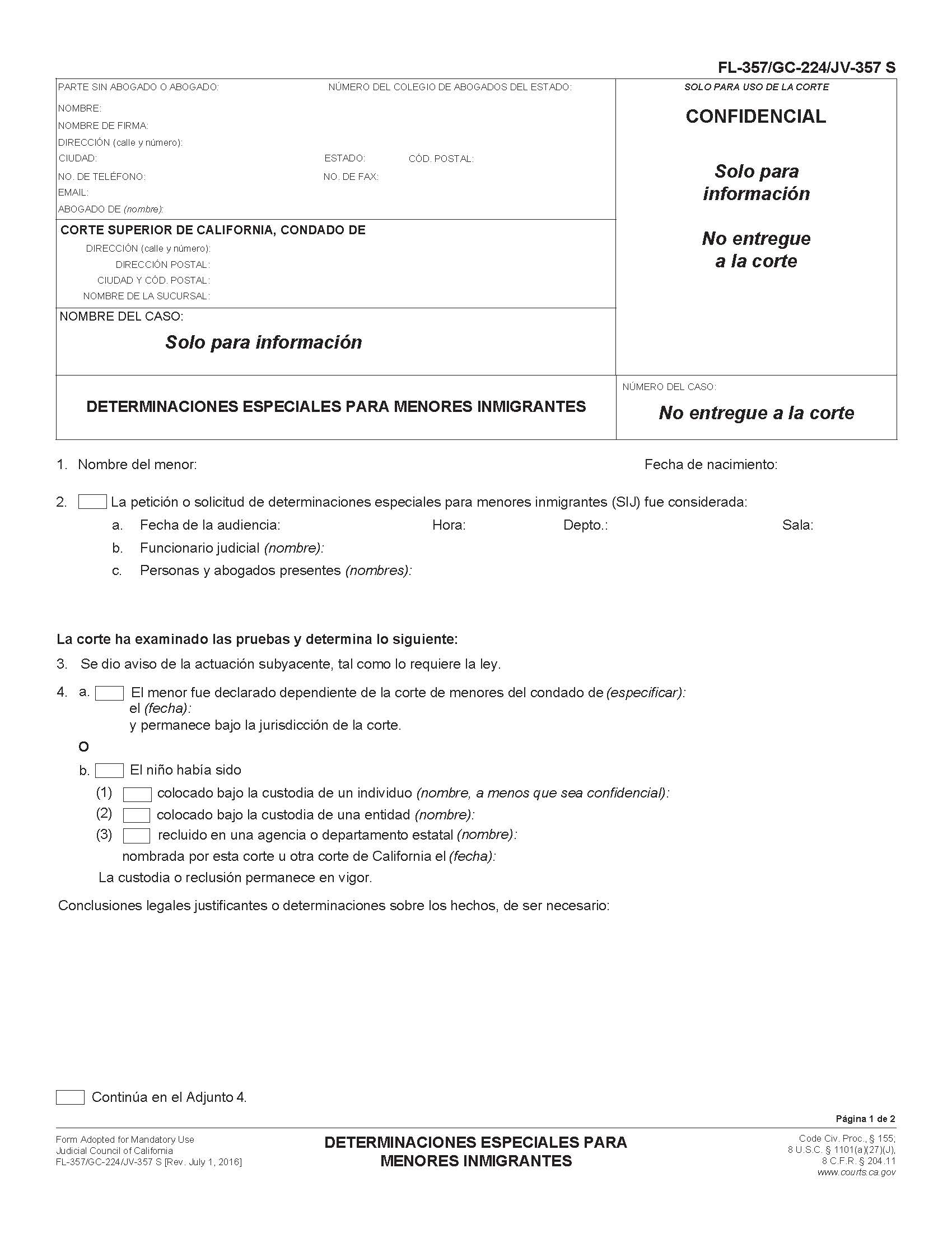 Special Immigrant Juvenile Findings (Spanish) {FL-357 GC-224 JV-357 S} | Pdf Fpdf Docx | California