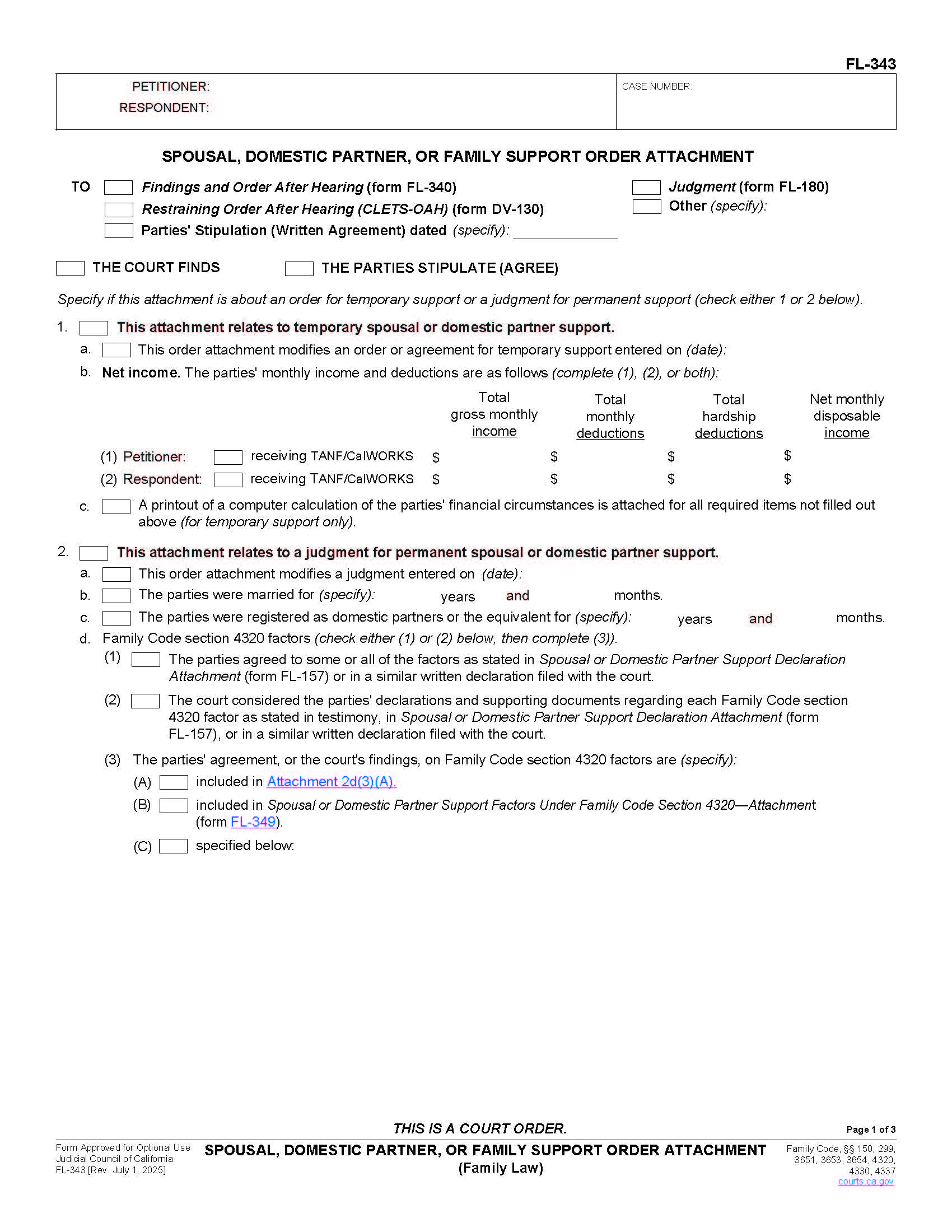 Spousal Domestic Partner Or Family Support Order Attachment {FL-343} | Pdf Fpdf Doc Docx | California