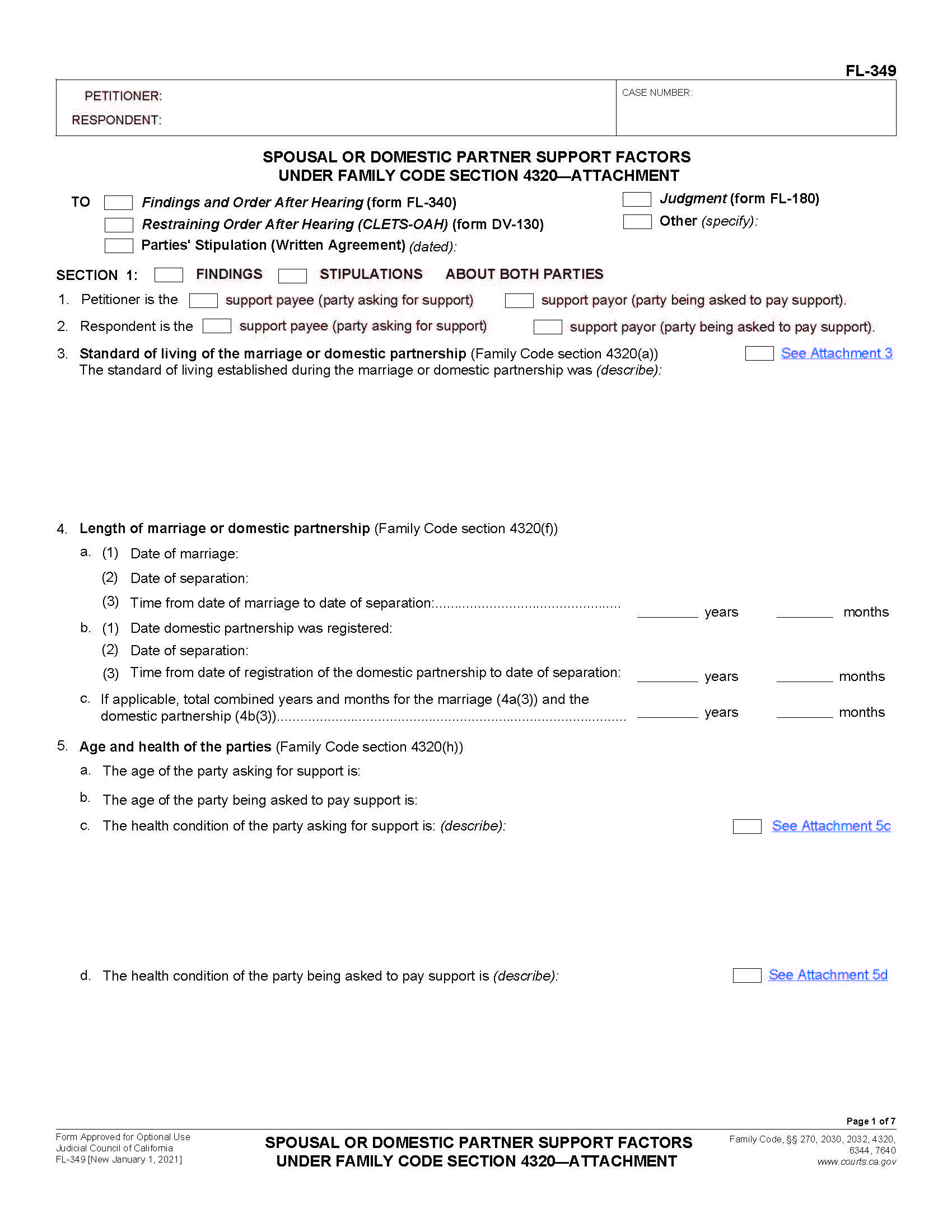 Spousal Or Domestic Partner Support Factors Under Family Code Section 4320-Attachment {FL-349} | Pdf Fpdf Docx | California