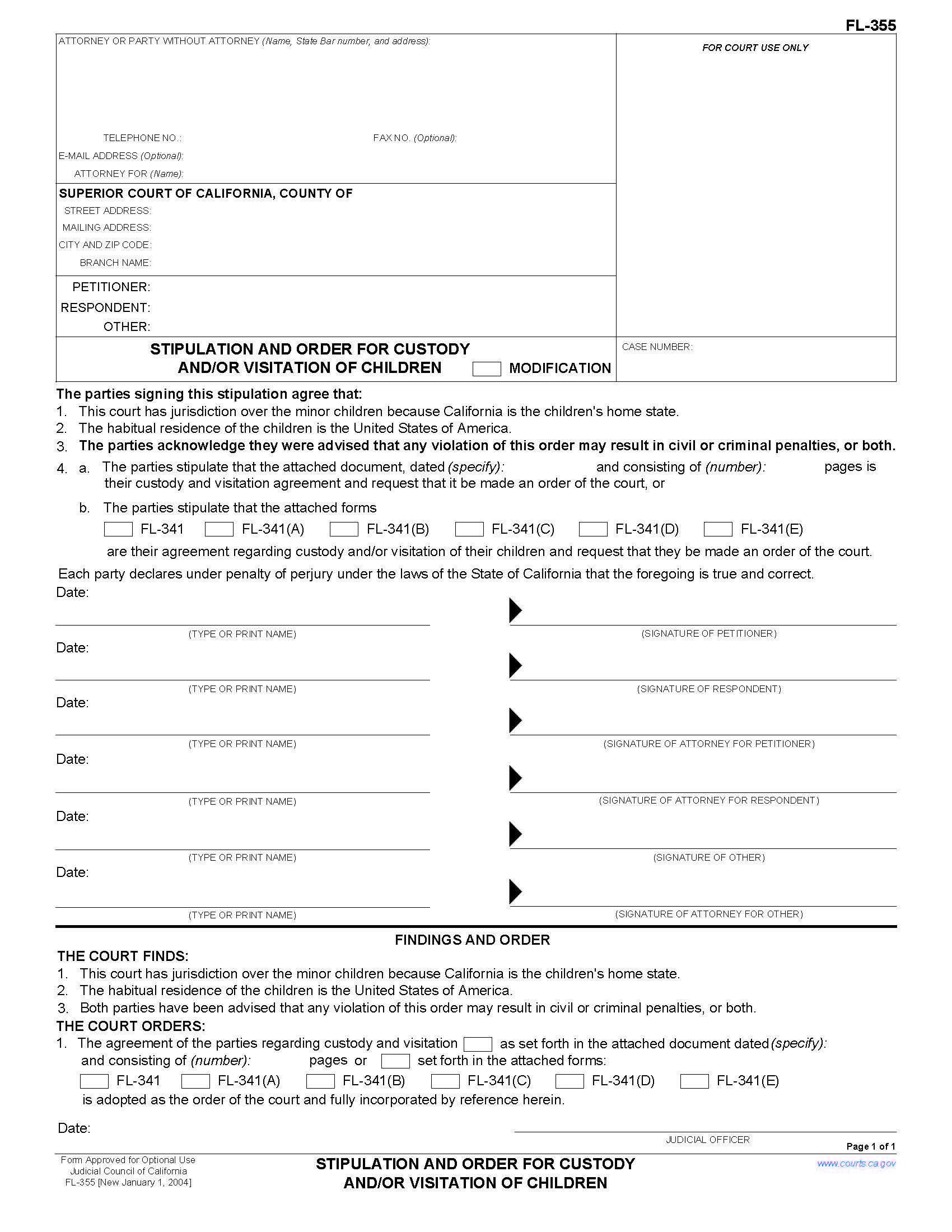 Stipulation And Order For Custody And Or Visitation Of Children {FL-355} | Pdf Fpdf Doc Docx | California