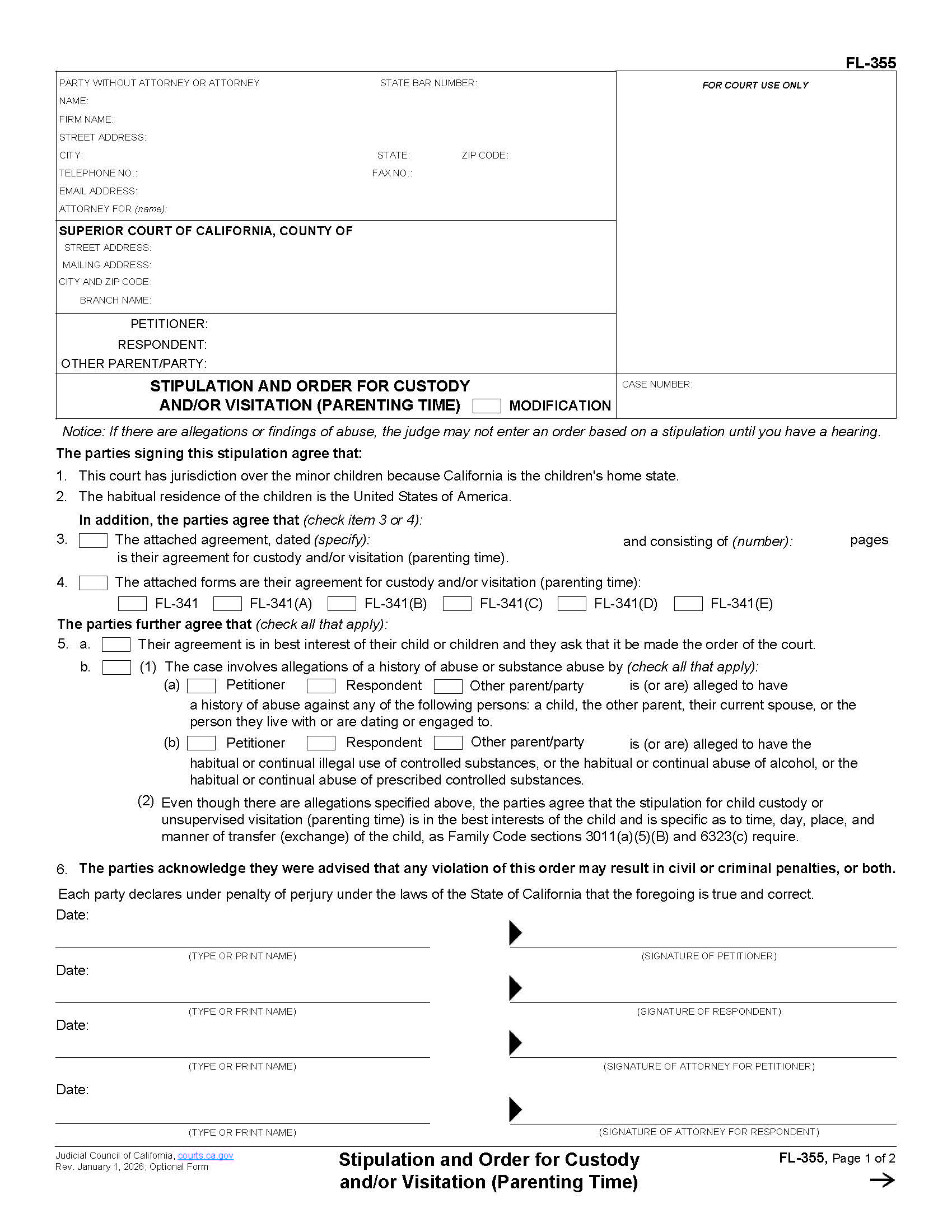 Stipulation And Order For Custody And Or Visitation Of Children {FL-355} | Pdf Fpdf Doc Docx | California