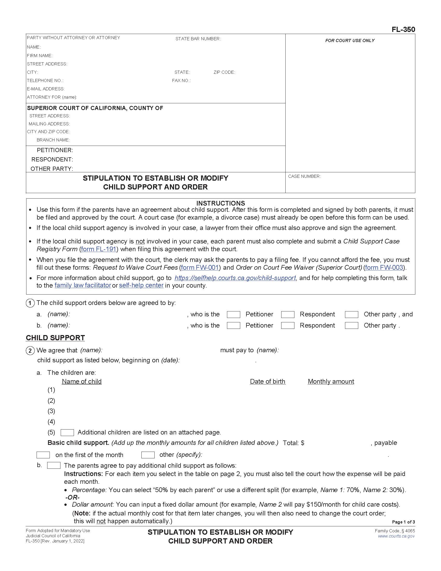 Stipulation To Establish Or Modify Child Support And Order {FL-350} | Pdf Fpdf Doc Docx | California