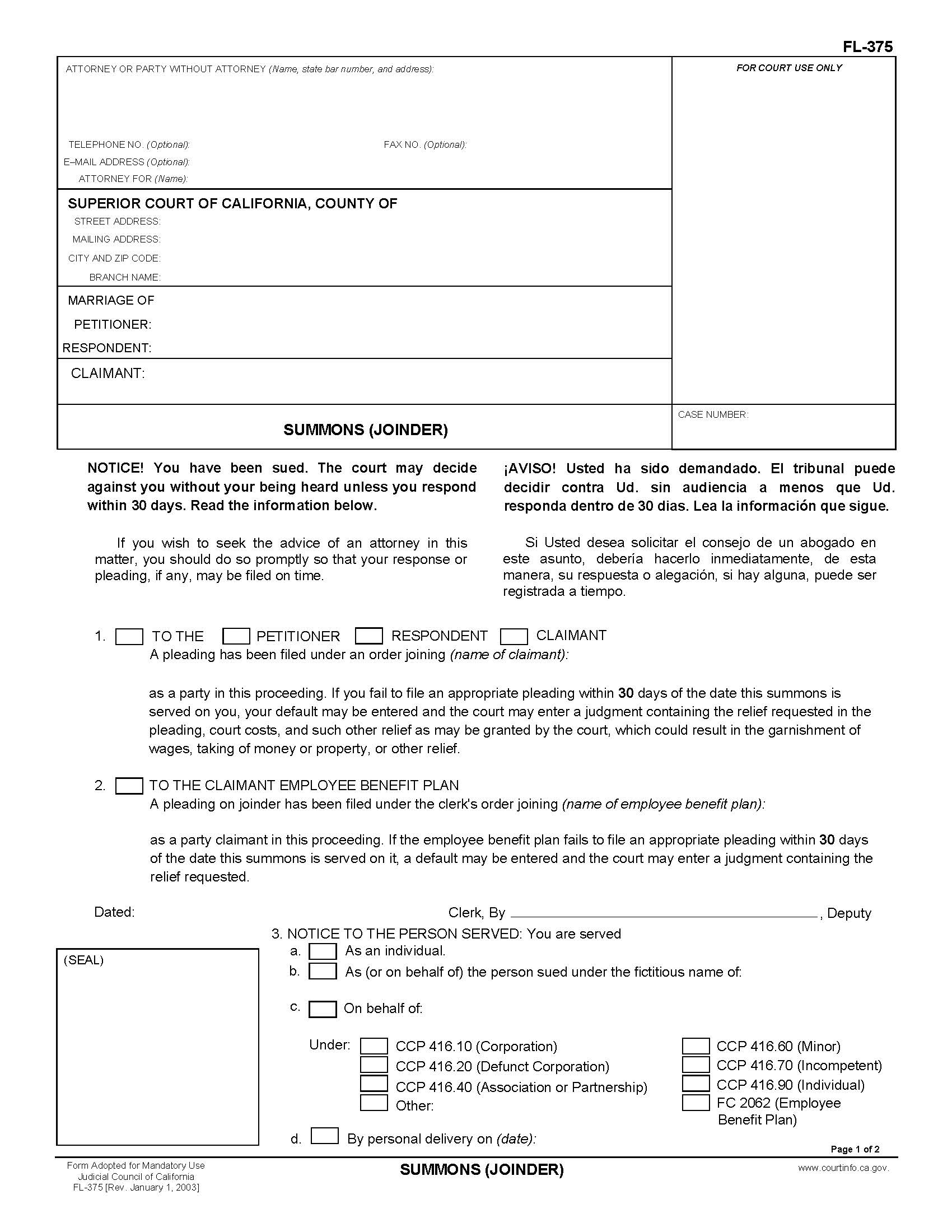 Summons (Joinder) {FL-375} | Pdf Fpdf Doc Docx | California