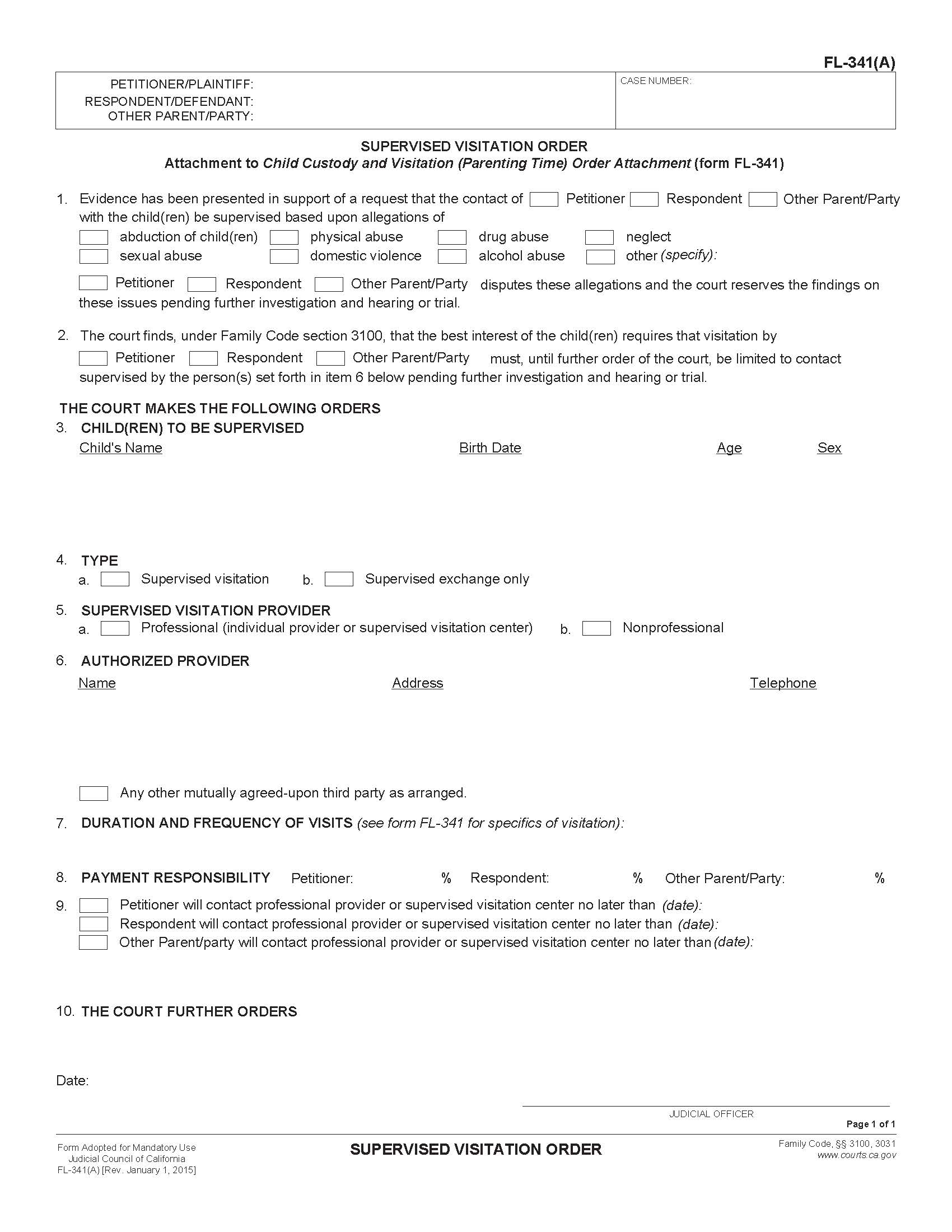 Supervised Visitation Order {FL-341(A)} | Pdf Fpdf Doc Docx | California