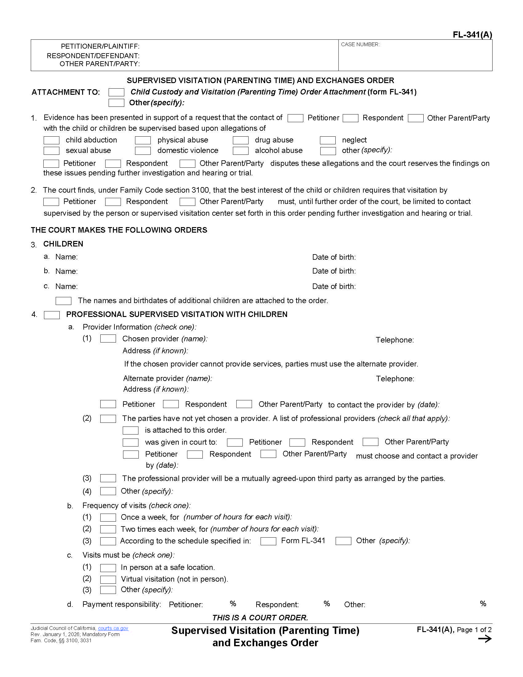 Supervised Visitation Order {FL-341(A)} | Pdf Fpdf Doc Docx | California