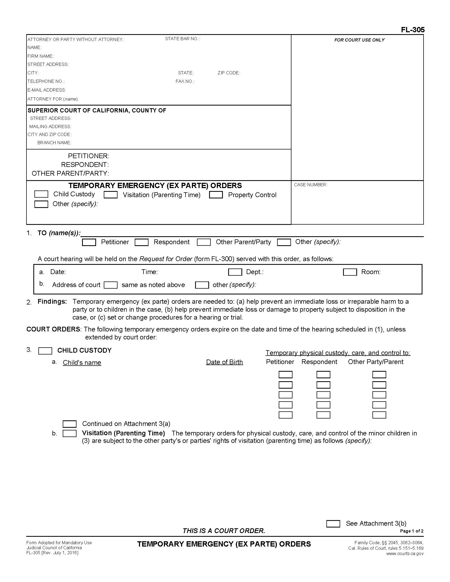 Temporary Emergency (Ex Parte) Orders {FL-305} | Pdf Fpdf Doc Docx | California