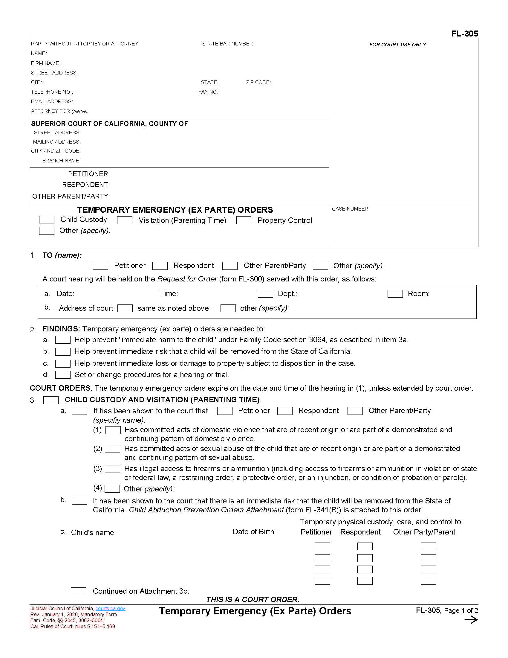 Temporary Emergency (Ex Parte) Orders {FL-305} | Pdf Fpdf Doc Docx | California