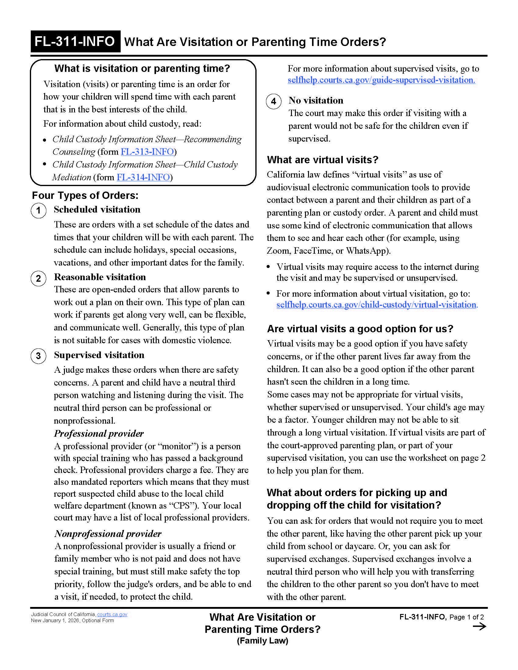 What Are Visitation Or Parenting Time Orders (Family Law) {FL-311-INFO} | Pdf Fpdf Docx | California