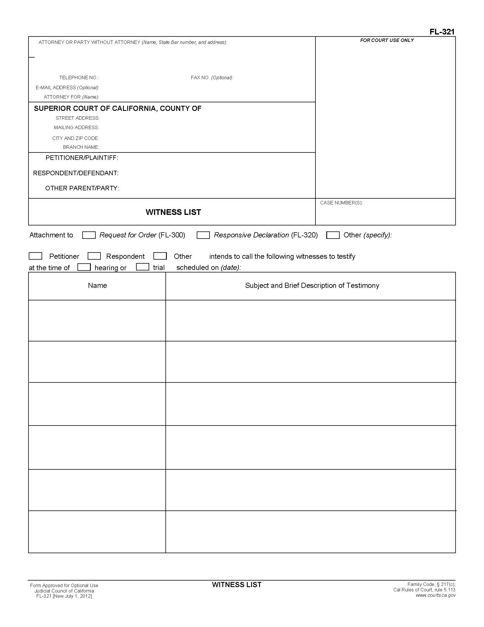 Witness List {FL-321} | Pdf Fpdf Doc Docx | California