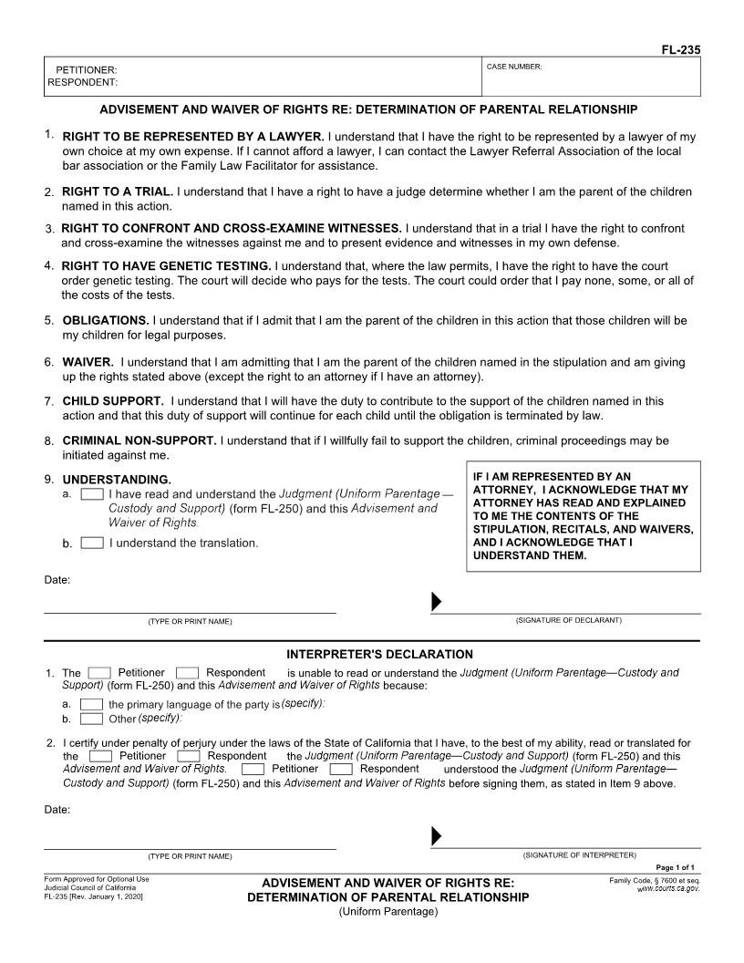 Advisement And Waiver Of Rights Re Establishment Of Parental Relationship (Uniform Parentage) {FL-235} | Pdf Fpdf Doc Docx | California