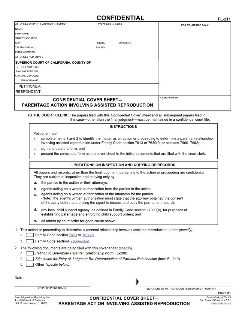 Confidential Cover Sheet-Parentage Action Involving Assisted Reproduction {FL-211} | Pdf Fpdf Docx | California