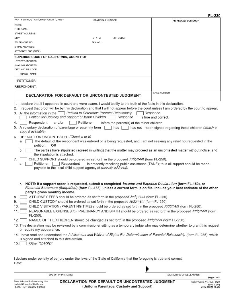Declaration For Default Or Uncontested Judgement (Uniform Parentage-Custody And Support) {FL-230} | Pdf Fpdf Doc Docx | California