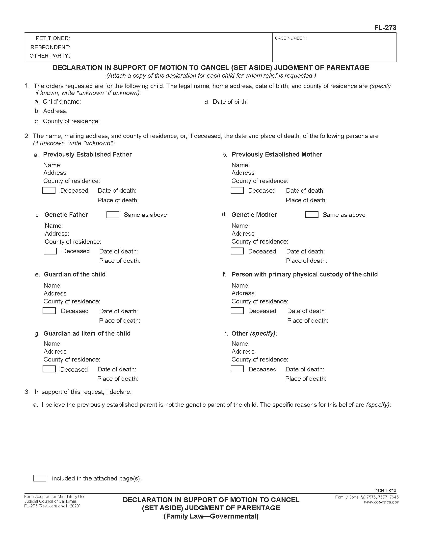 Declaration In Support Of Motion To Cancel (Set Aside) Judgment {FL-273} | Pdf Fpdf Doc Docx | California