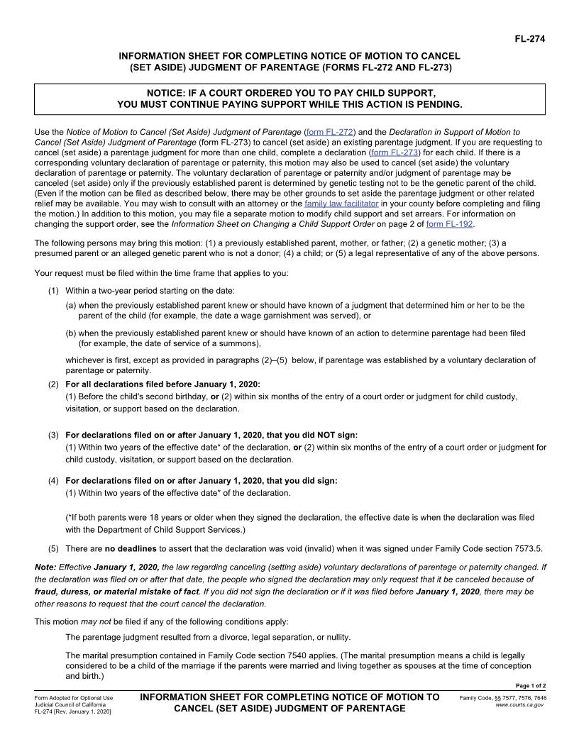 Information Sheet For Completing Notice Of Motion To Cancel (Set Aside) Judgment {FL-274} | Pdf Fpdf Docx | California