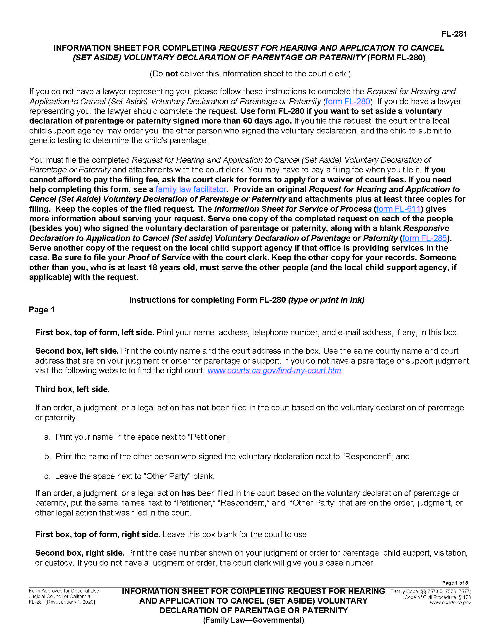 Information Sheet For Completing Request For Hearing And Application To Cancel {FL-281} | Pdf Fpdf Docx | California