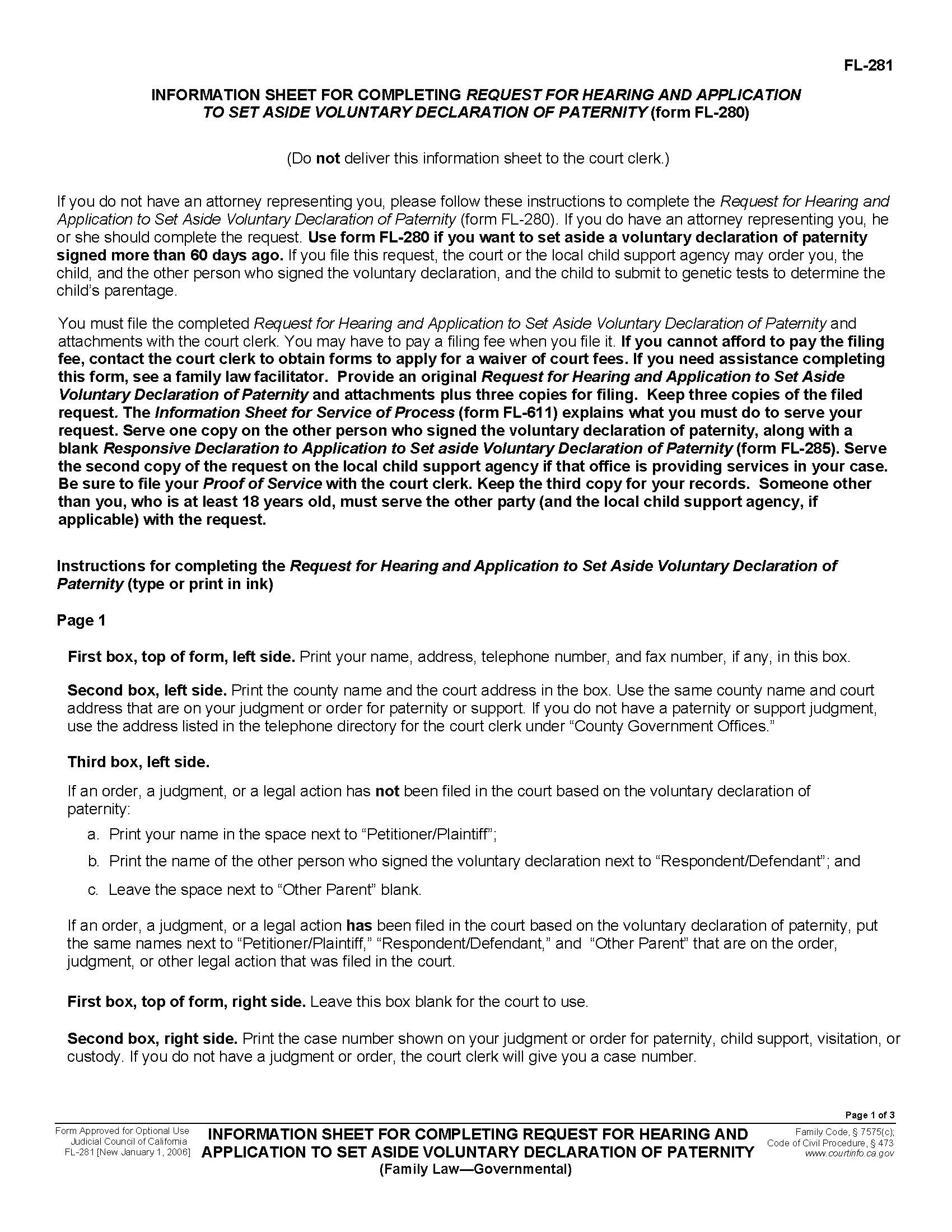 Information Sheet For Completing Request For Hearing-Application To Set Aside Voluntary Declaration Of Paternity {FL-281} | Pdf Doc Docx | California