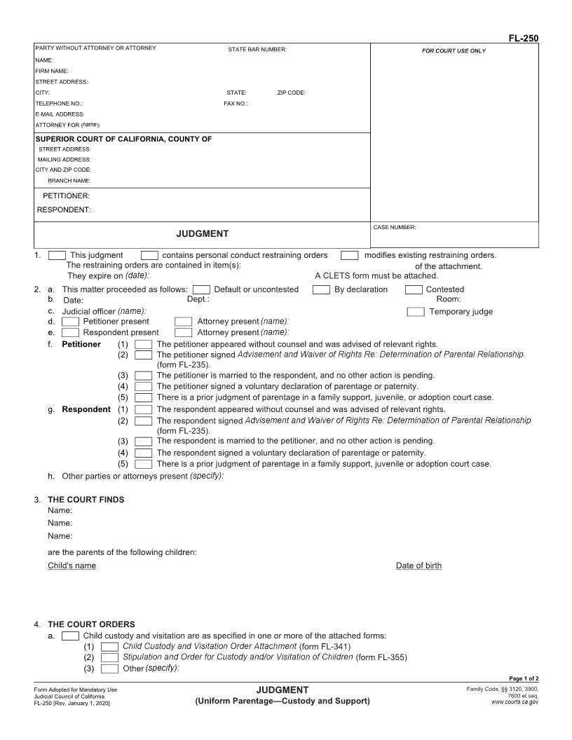 Judgment (Uniform Parentage-Custody And Support) {FL-250} | Pdf Fpdf Doc Docx | California