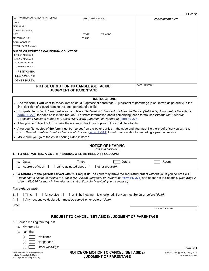 Notice Of Motion To Cancel (Set Aside) Judgment Of Parentage {FL-272} | Pdf Fpdf Doc Docx | California