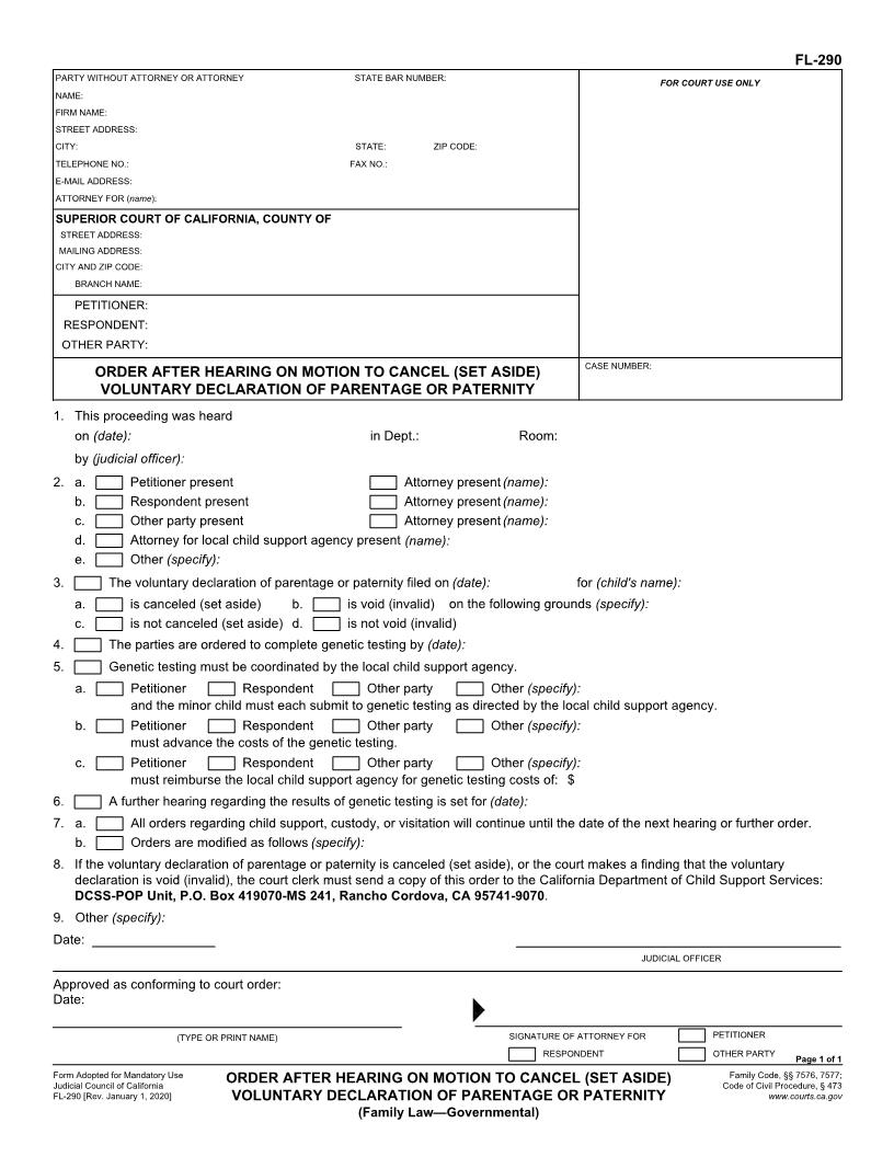 Order After Hearing On Motion To Cancel (Set Aside) Voluntary Declaration {FL-290} | Pdf Fpdf Doc Docx | California