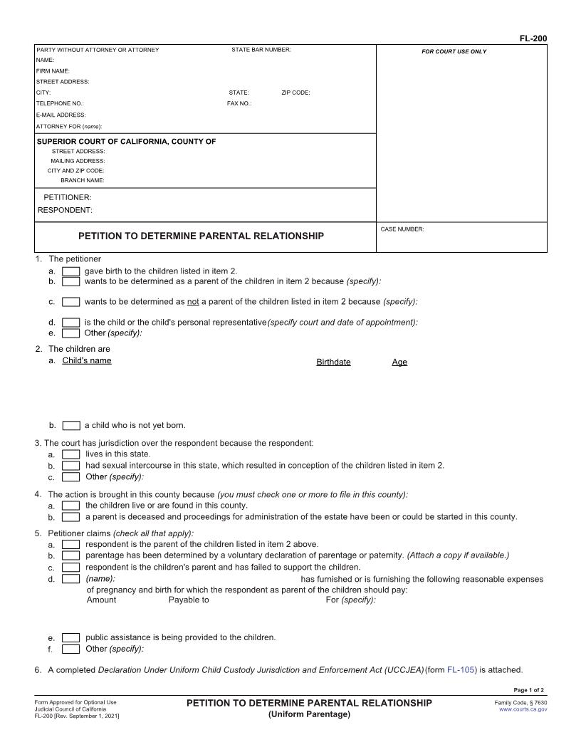 Petition To Determine Parental Relationship (Uniform Parentage) {FL-200} | Pdf Fpdf Doc Docx | California
